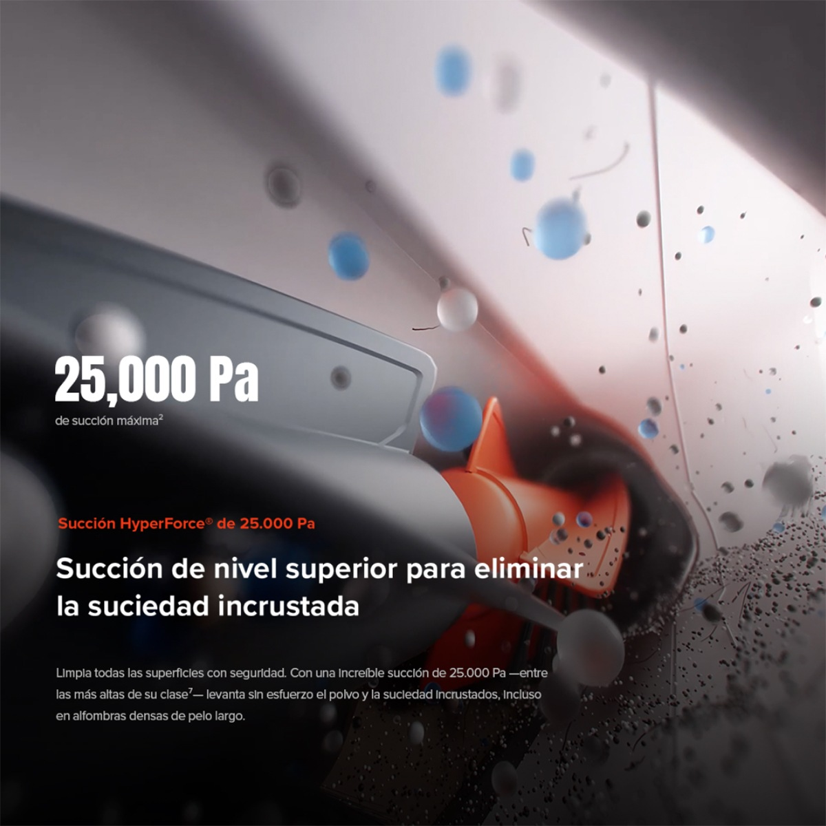 Cepillo de aspiradora con succión de 25.000 Pa elimina suciedad.