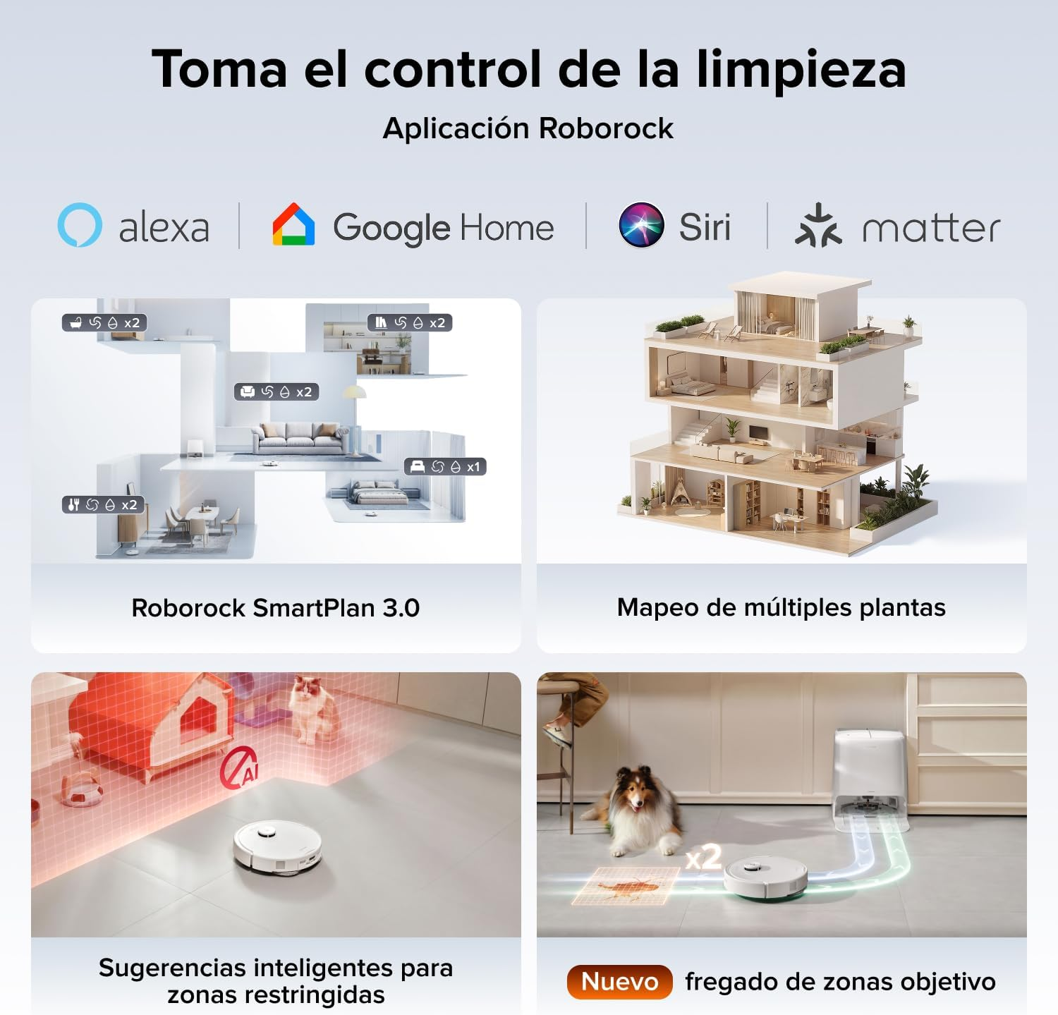 Anuncio de Roborock SmartPlan con logotipos de control por voz y cuatro imágenes.