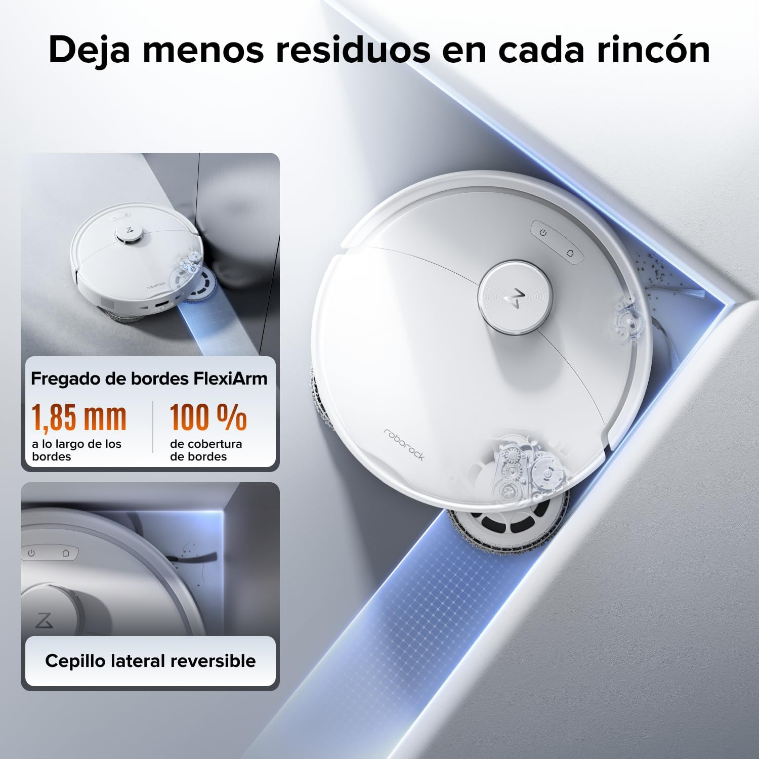 Imagen promocional de un robot aspirador blanco limpiando esquinas y bordes.