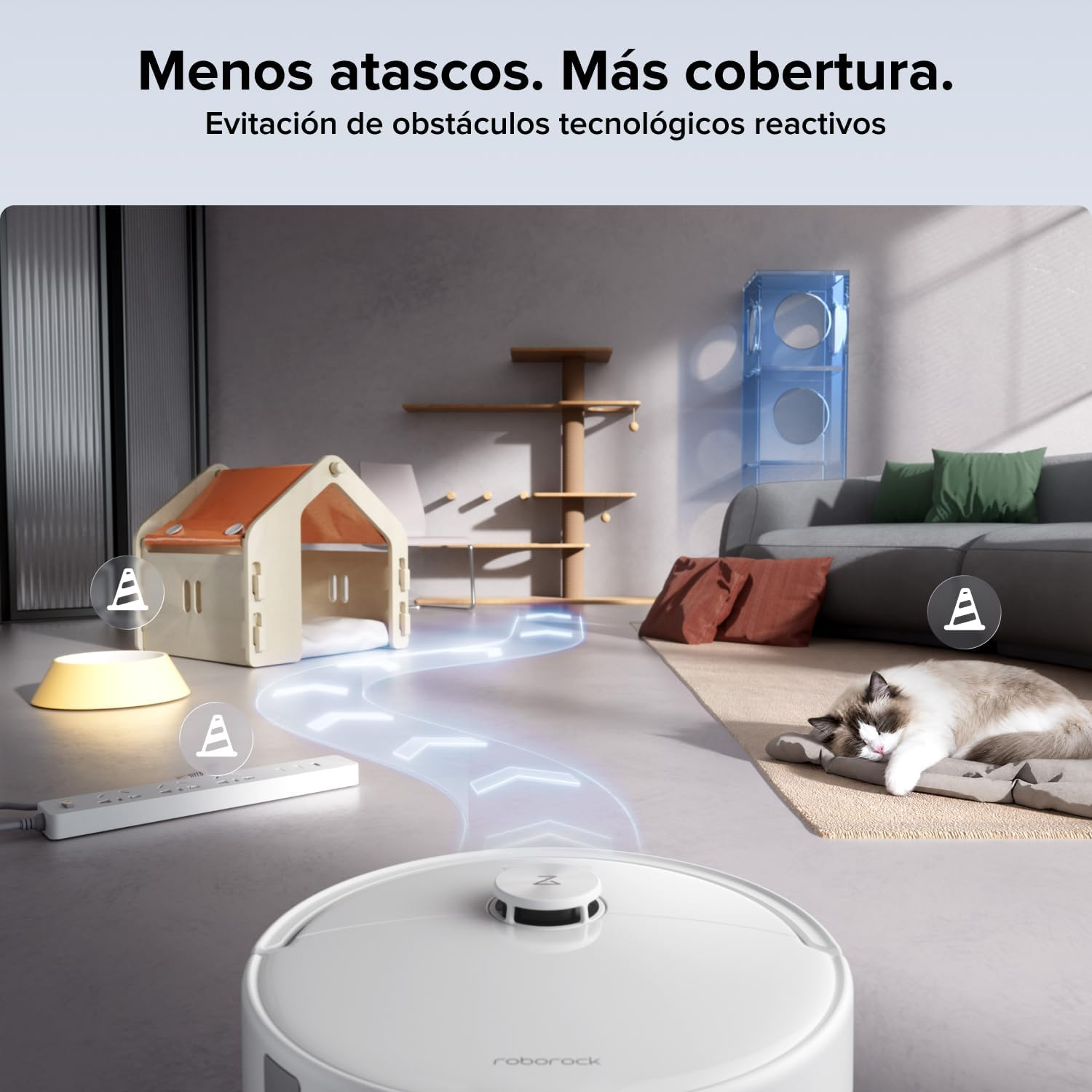Un robot aspirador blanco navega por el suelo esquivando obstáculos como un gato y una caseta.