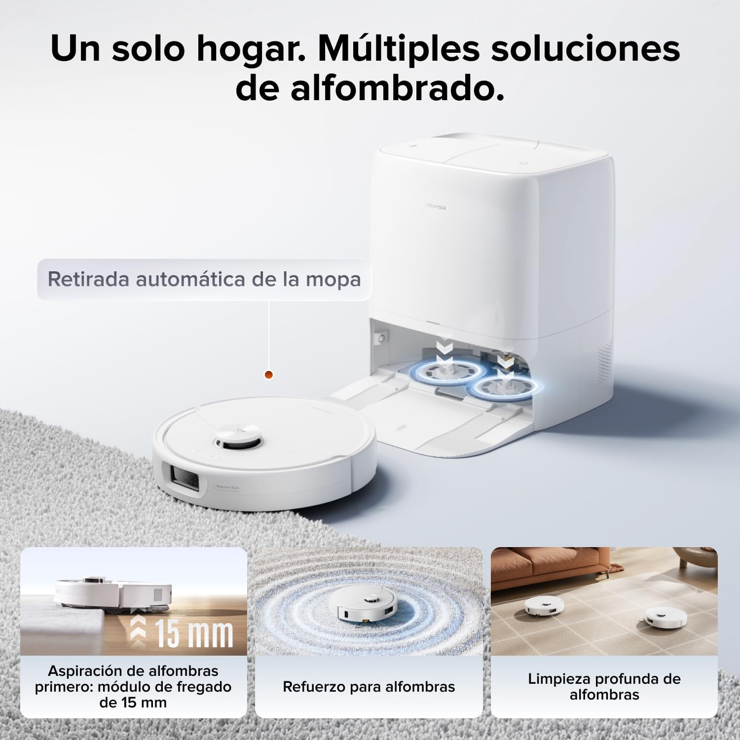 Robot aspirador blanco con estación de limpieza automática sobre una alfombra gris, con tres imágenes detalladas abajo.