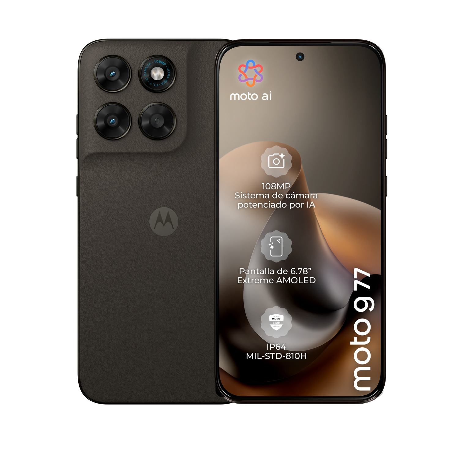 Vista frontal y trasera del smartphone marrón Moto 977 con cámara cuádruple y pantalla de especificaciones.
