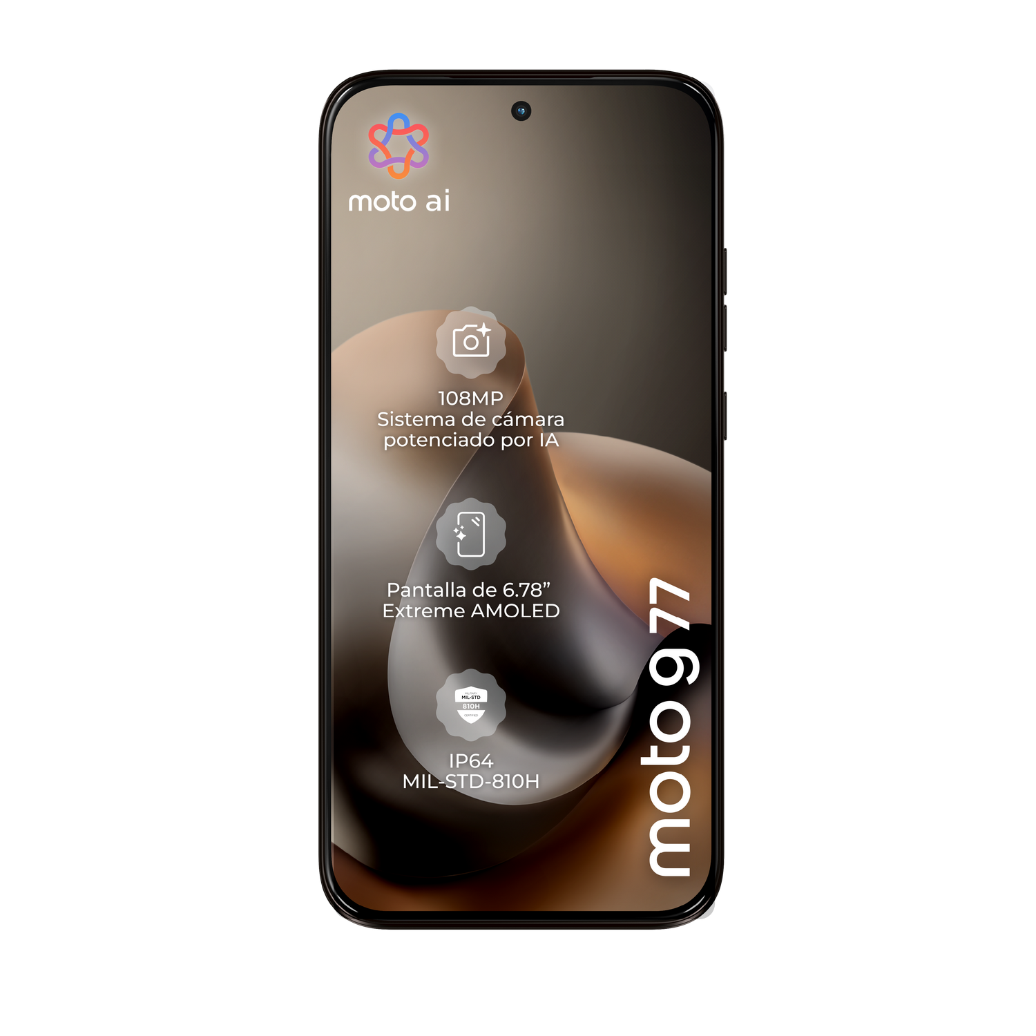 Un teléfono muestra un gráfico abstracto marrón y texto sobre el moto g77 con especificaciones de cámara y pantalla.