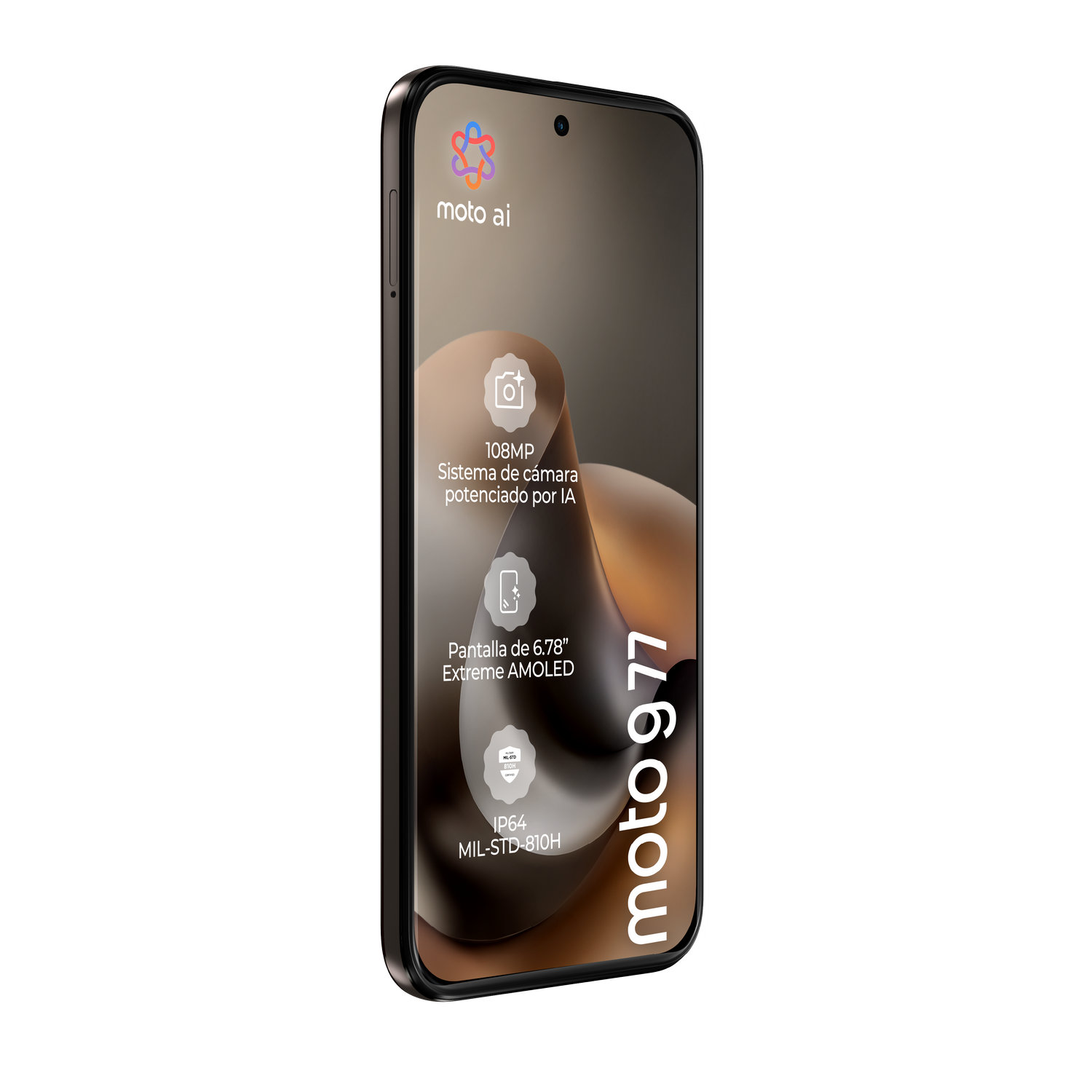 Smartphone en perfil mostrando texto Moto 977 y especificaciones técnicas en pantalla.