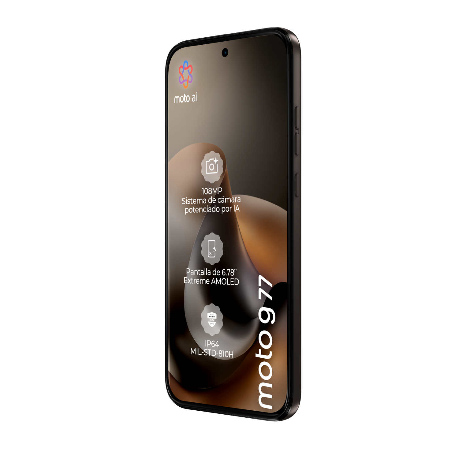 Smartphone en perfil con cuerpo negro y pantalla activa sobre fondo negro.