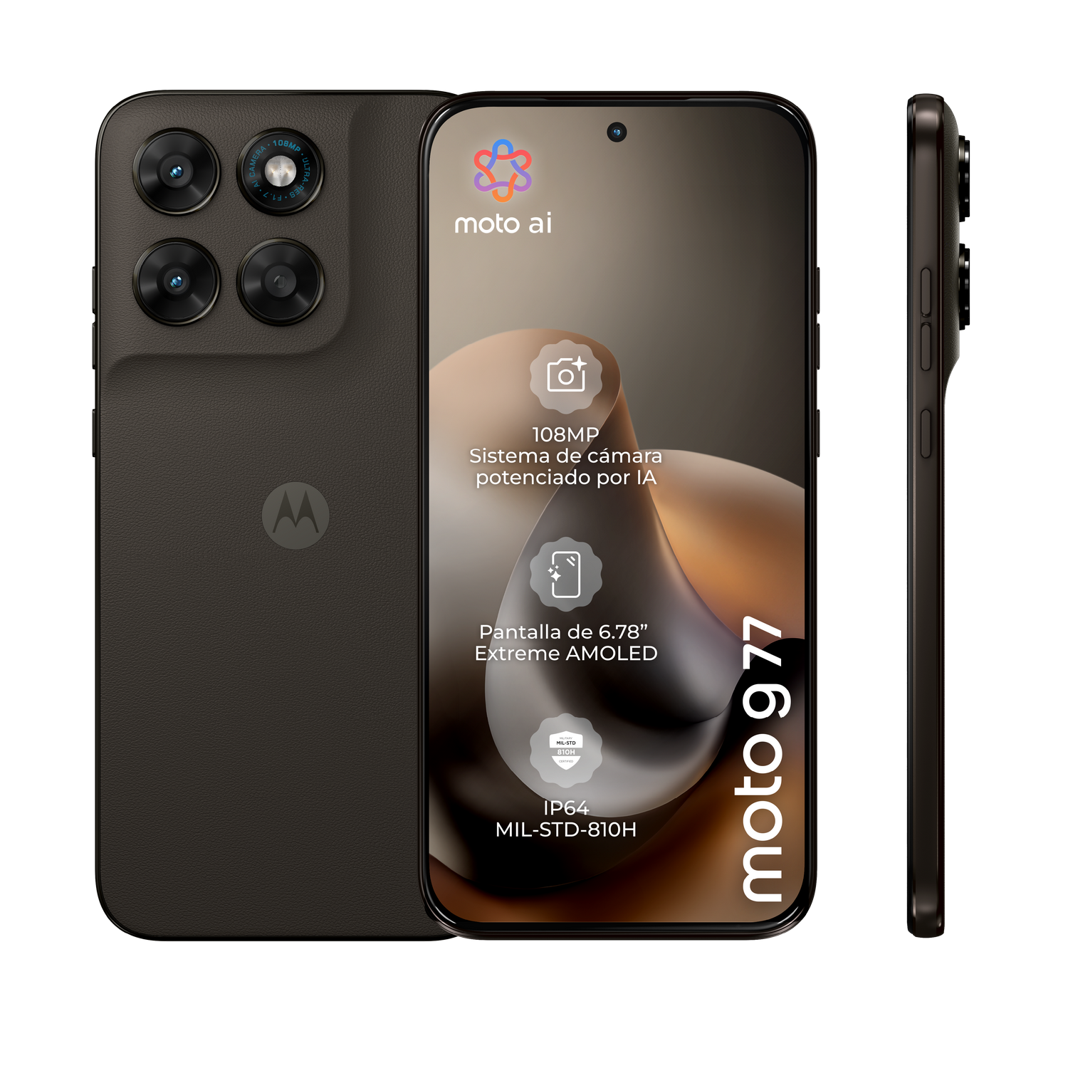 Tres ángulos de un smartphone moto 977 marrón oscuro que muestran su trasera texturizada, pantalla y perfil lateral.
