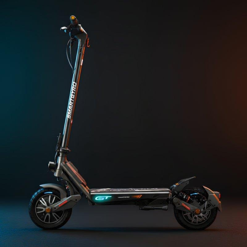 Un patinete eléctrico Smartgyro GT negro se encuentra sobre un fondo oscuro con iluminación azul y naranja.