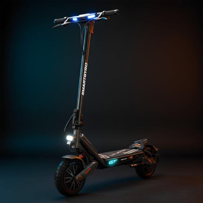 Patinete eléctrico negro con luces azules y blancas brillantes sobre un fondo oscuro.