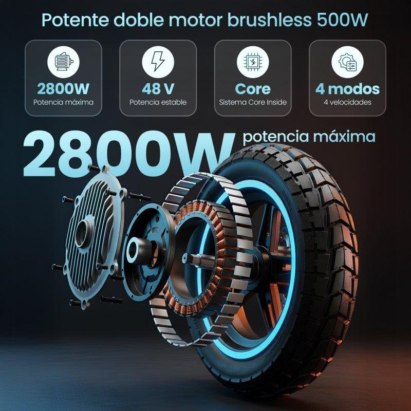 Vista explosionada de un neumático y motor de moto eléctrica con especificaciones de potencia arriba.