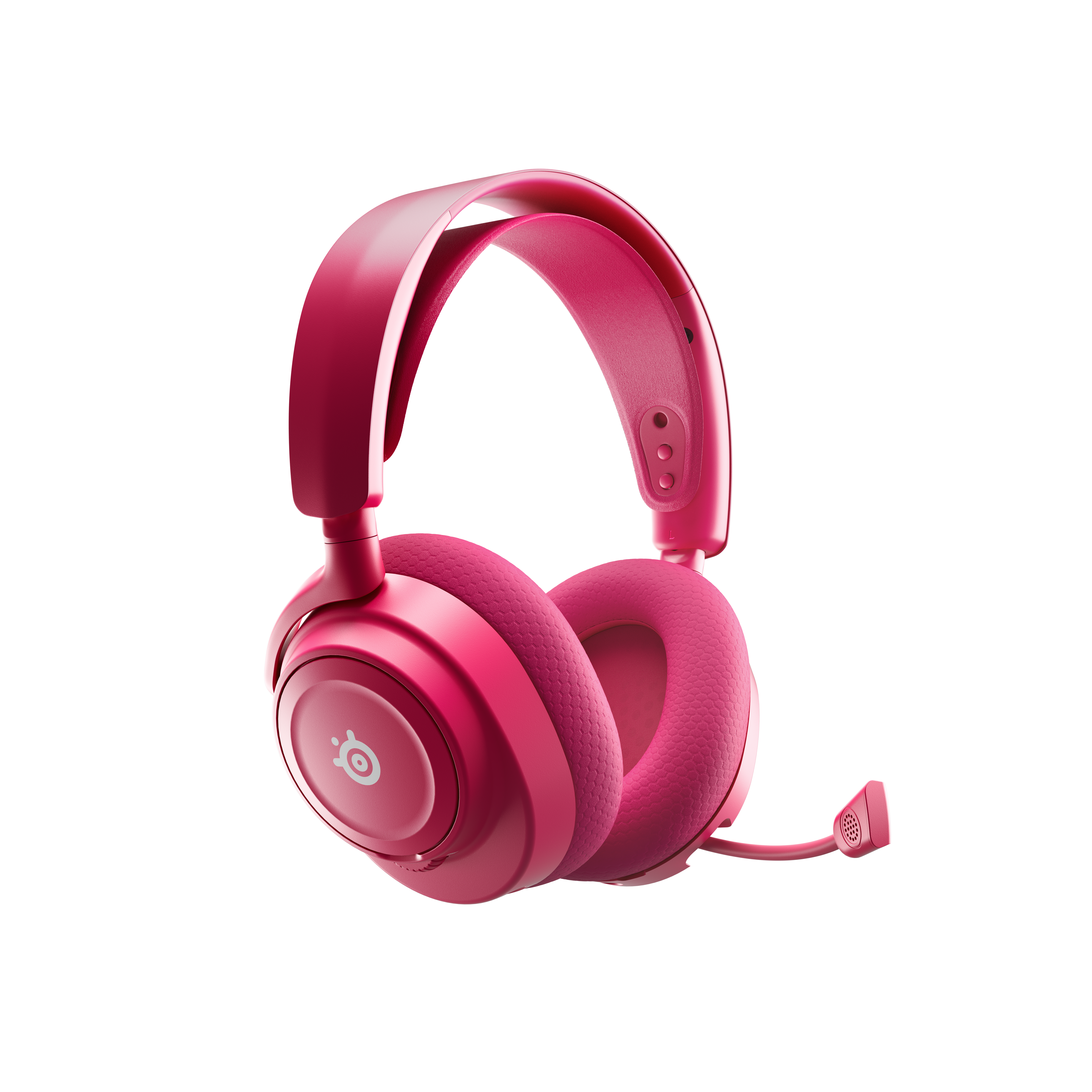 Auriculares para juegos rosados con micrófono y logotipo blanco sobre fondo blanco.