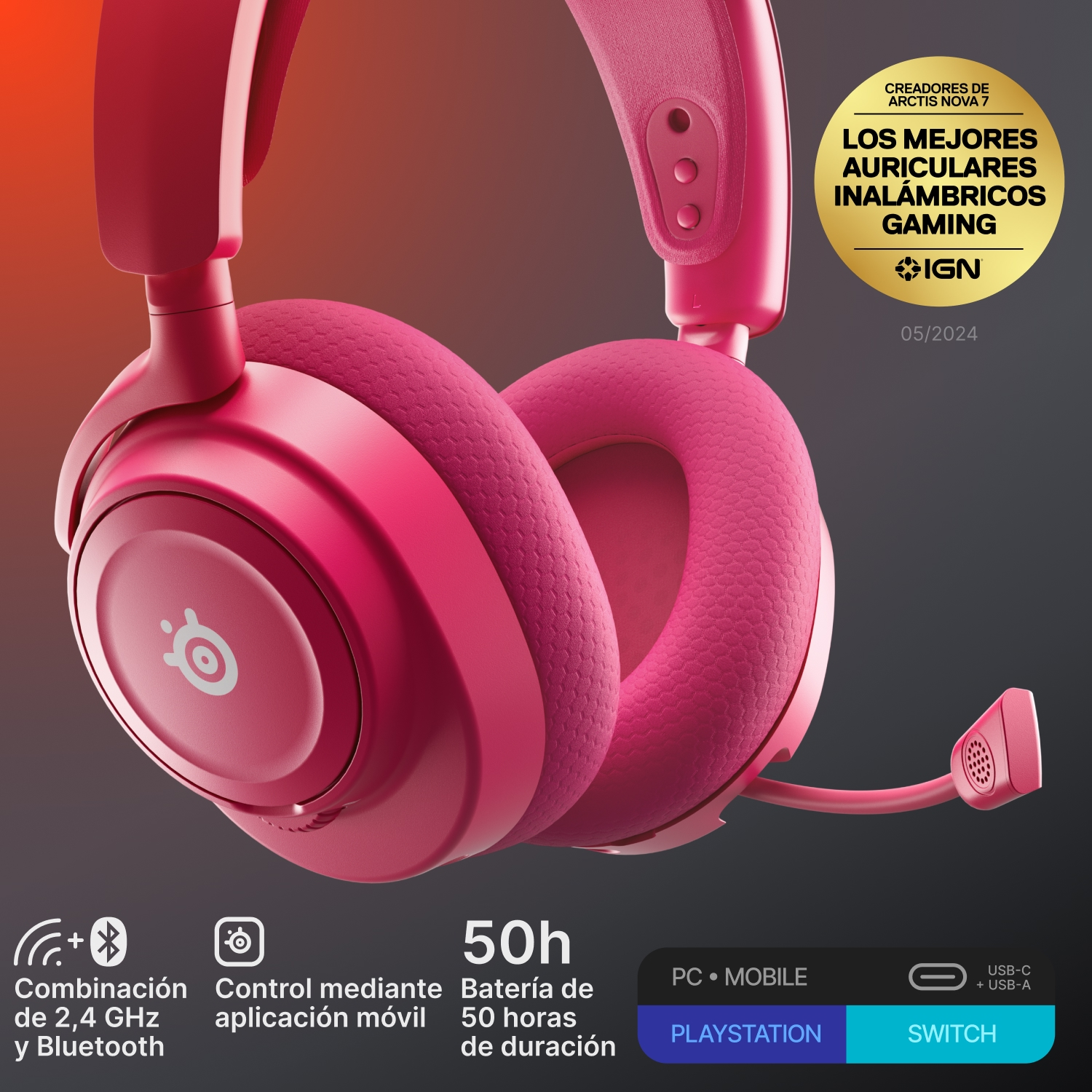 Auriculares inalámbricos gaming rosas de SteelSeries con micrófono, insignia IGN e iconos.