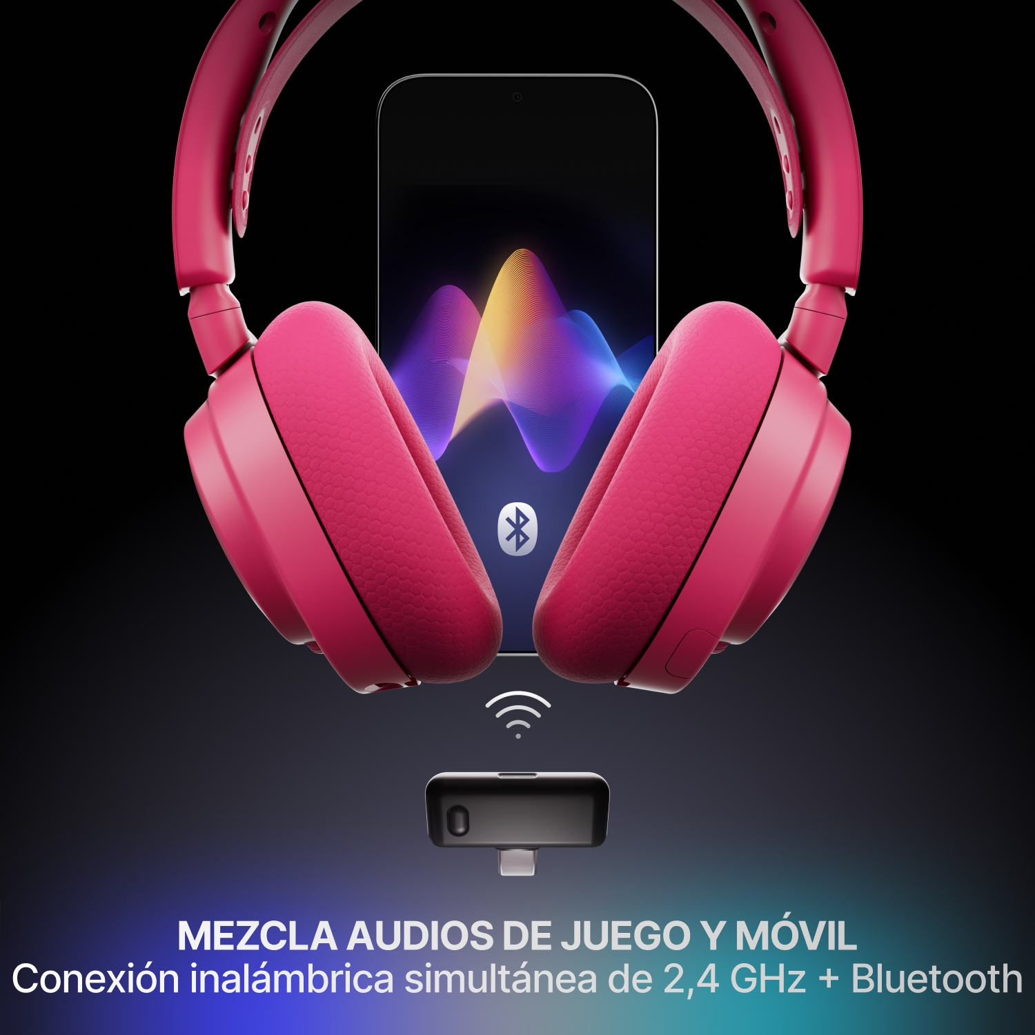 Auriculares rosas con un smartphone y un adaptador USB-C que muestra conexión inalámbrica.