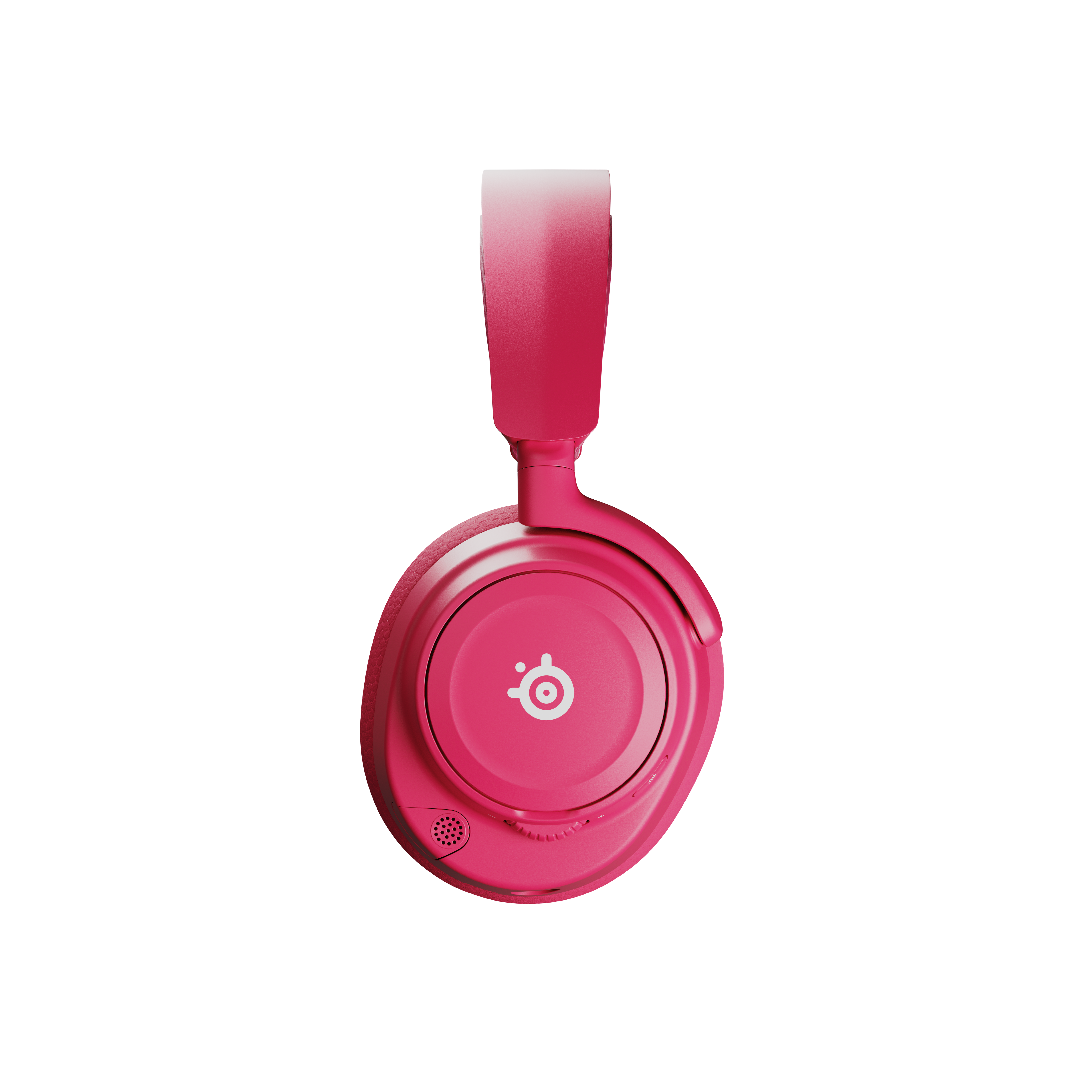 Auriculares inalámbricos para juegos de color rosa con el logotipo blanco de SteelSeries sobre fondo negro.