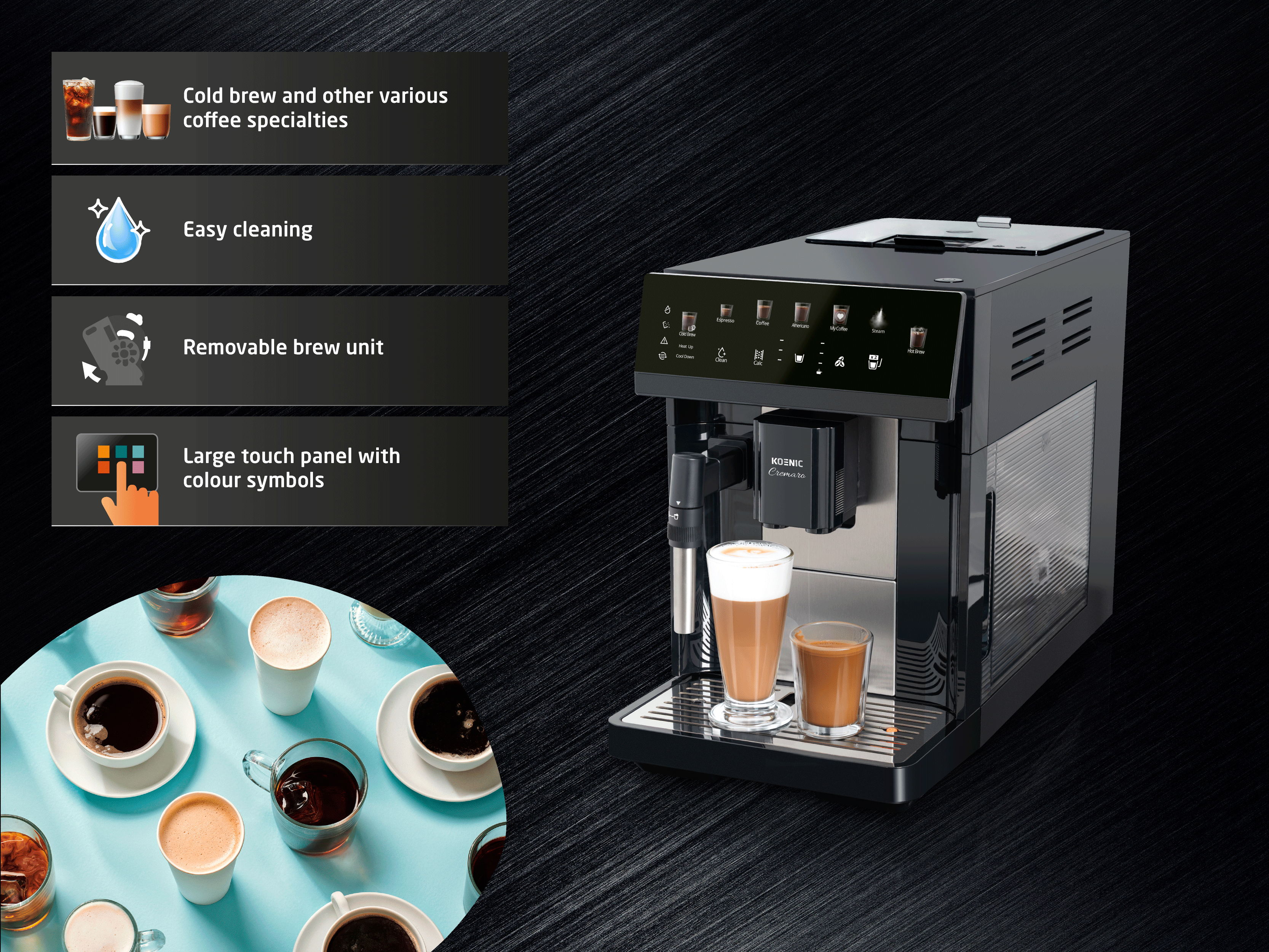 Schwarzer Koenic Kaffeeballautomat mit Touch-Bedienfeld und Merkmalen wie Kaffeespezialitäten und leichter Reinigung.