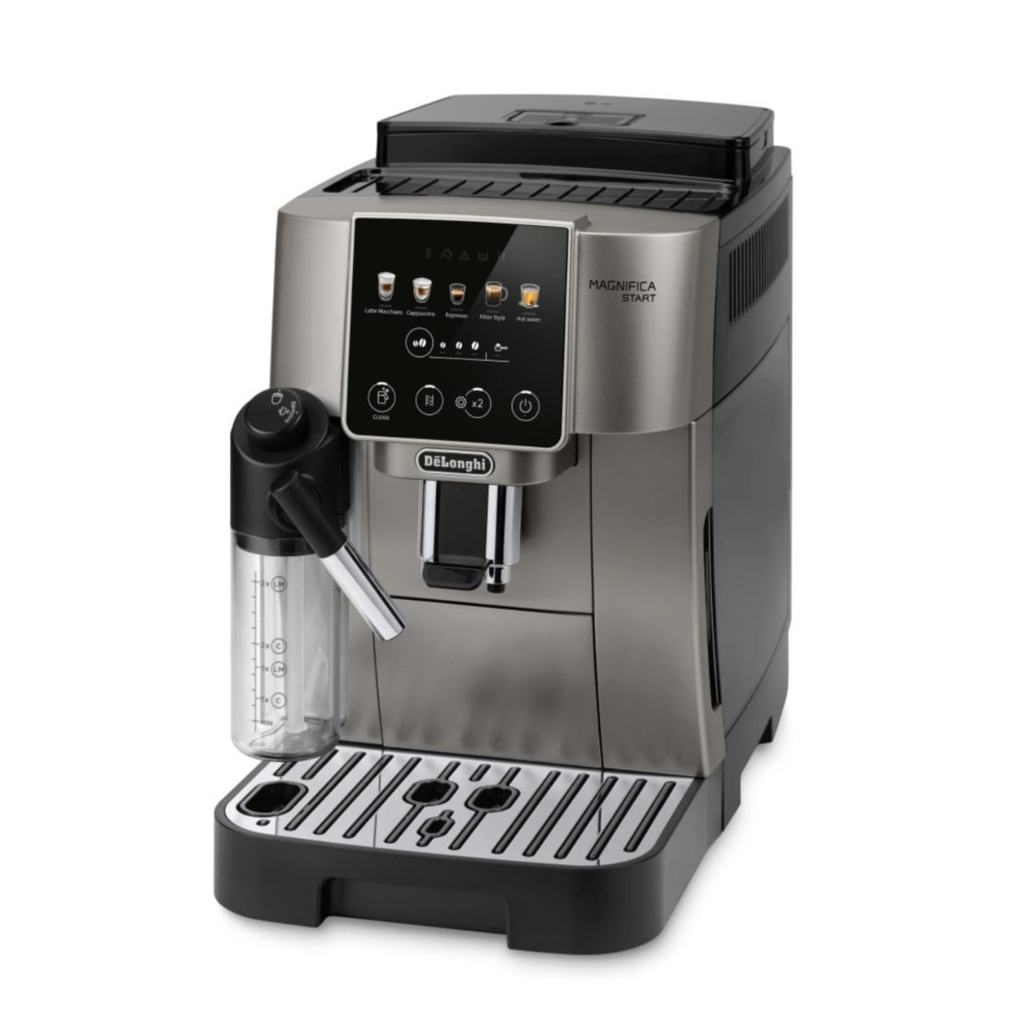Cafetera moderna DeLonghi Magnifica Start en plata y negro con espumador de leche y bandeja antigoteo.