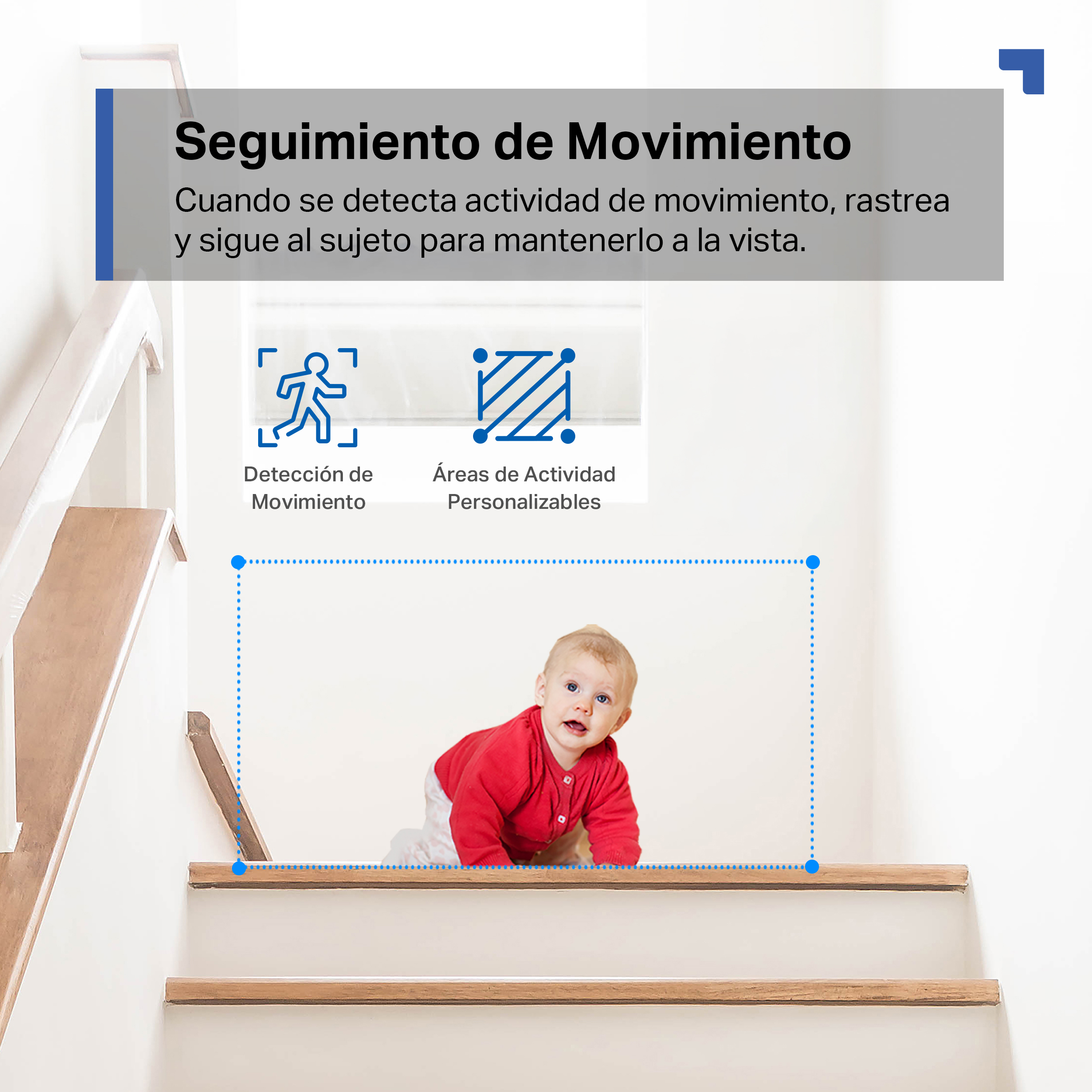 Un niño pequeño gatea en escaleras de madera, con texto e iconos de detección de movimiento arriba.