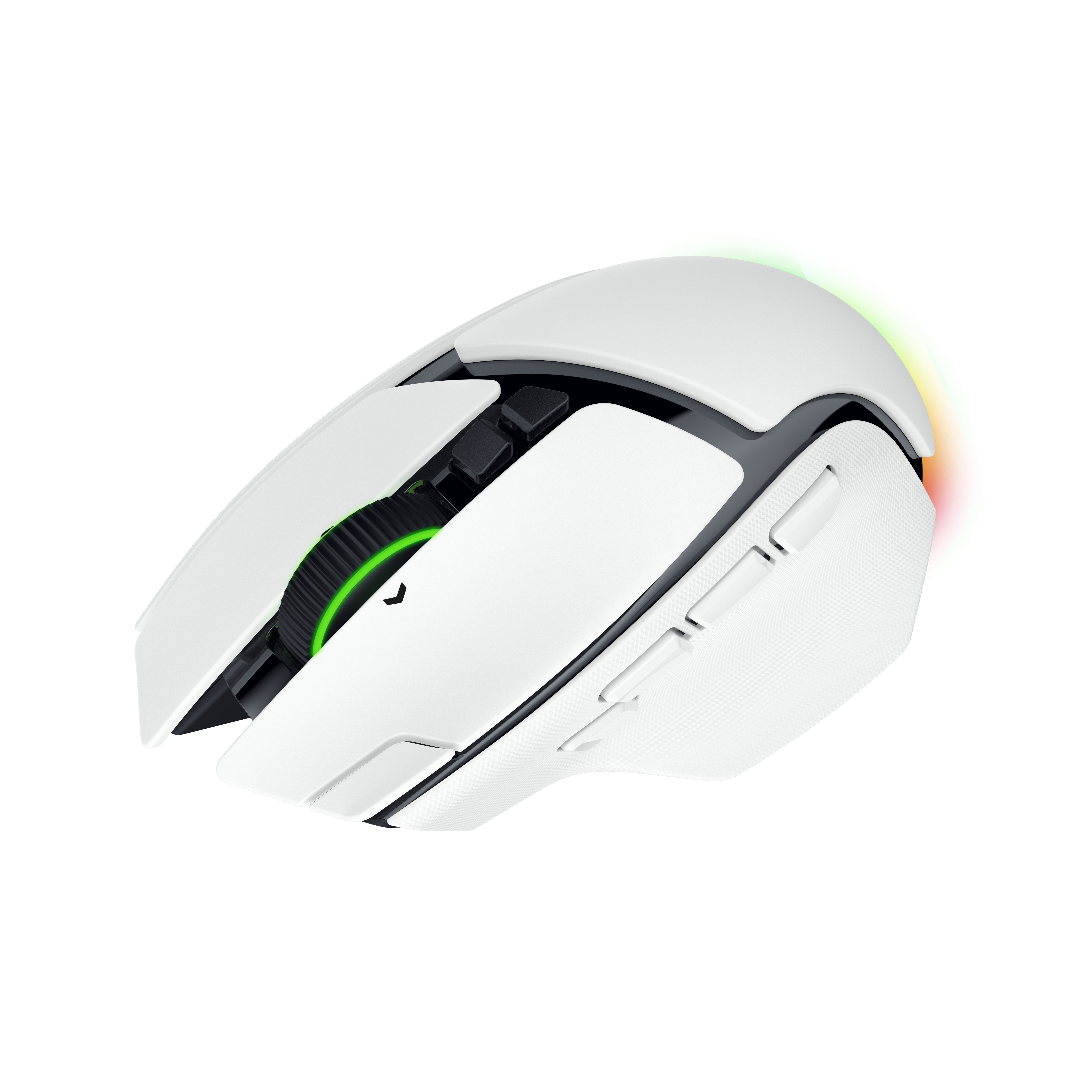 Eine weiße Gaming-Maus mit einem grün leuchtenden Mausrad auf weißem Hintergrund.