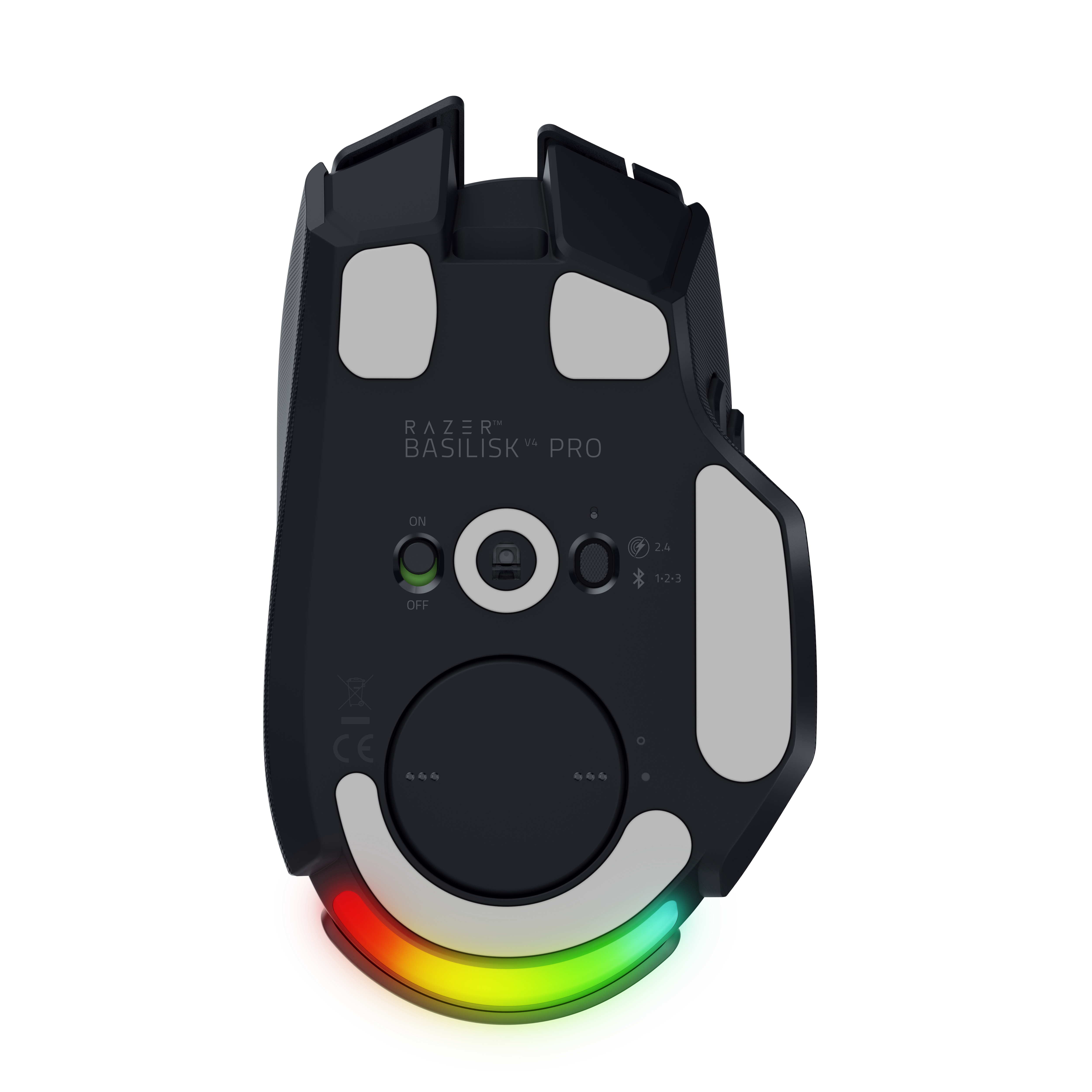 Unterseite einer schwarzen Razer Basilisk V4 Pro Gaming-Maus mit RGB-Beleuchtung und Sensoren.