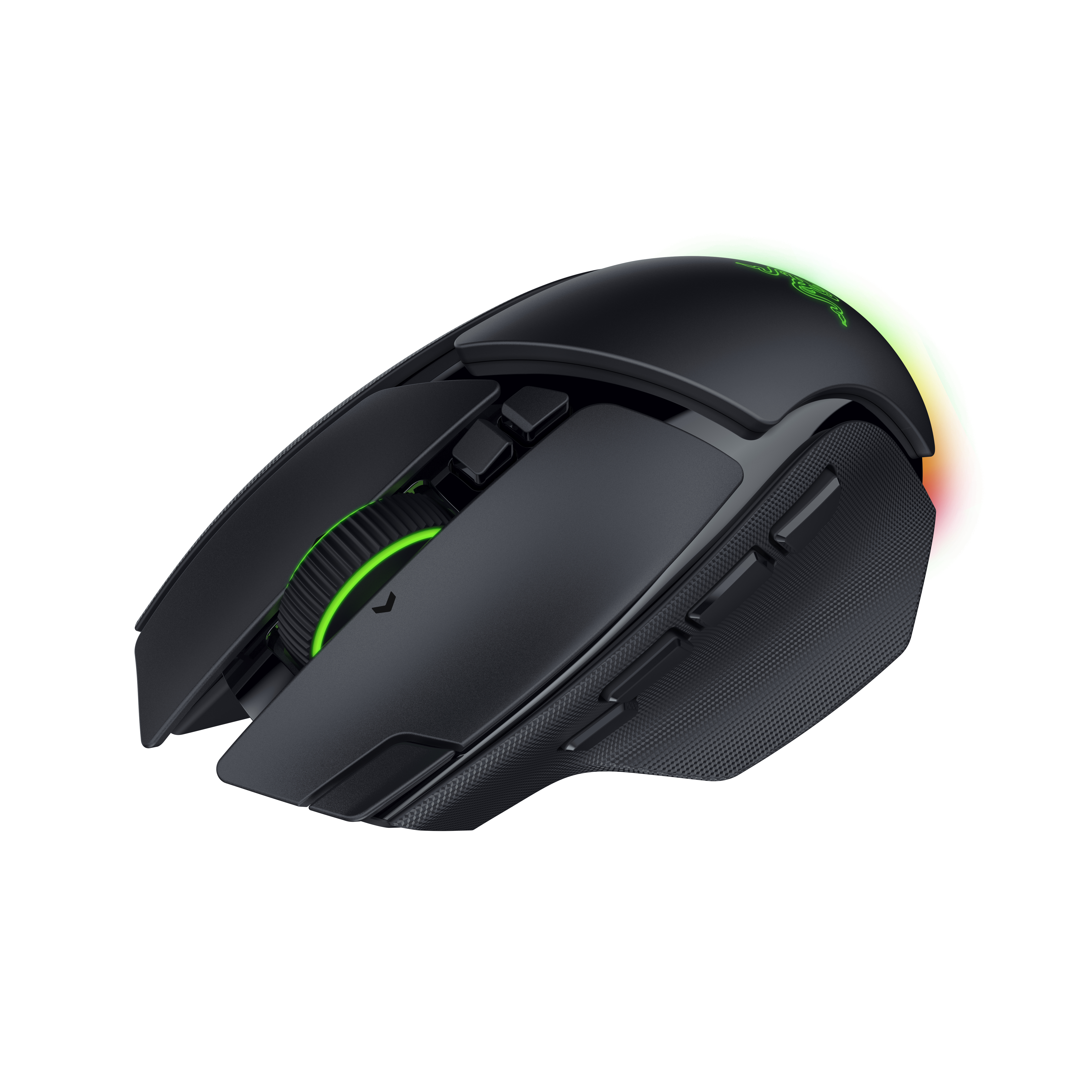Schwarze Gaming-Maus mit grünem Leuchten am Scrollrad und Logo gegen weißen Hintergrund.