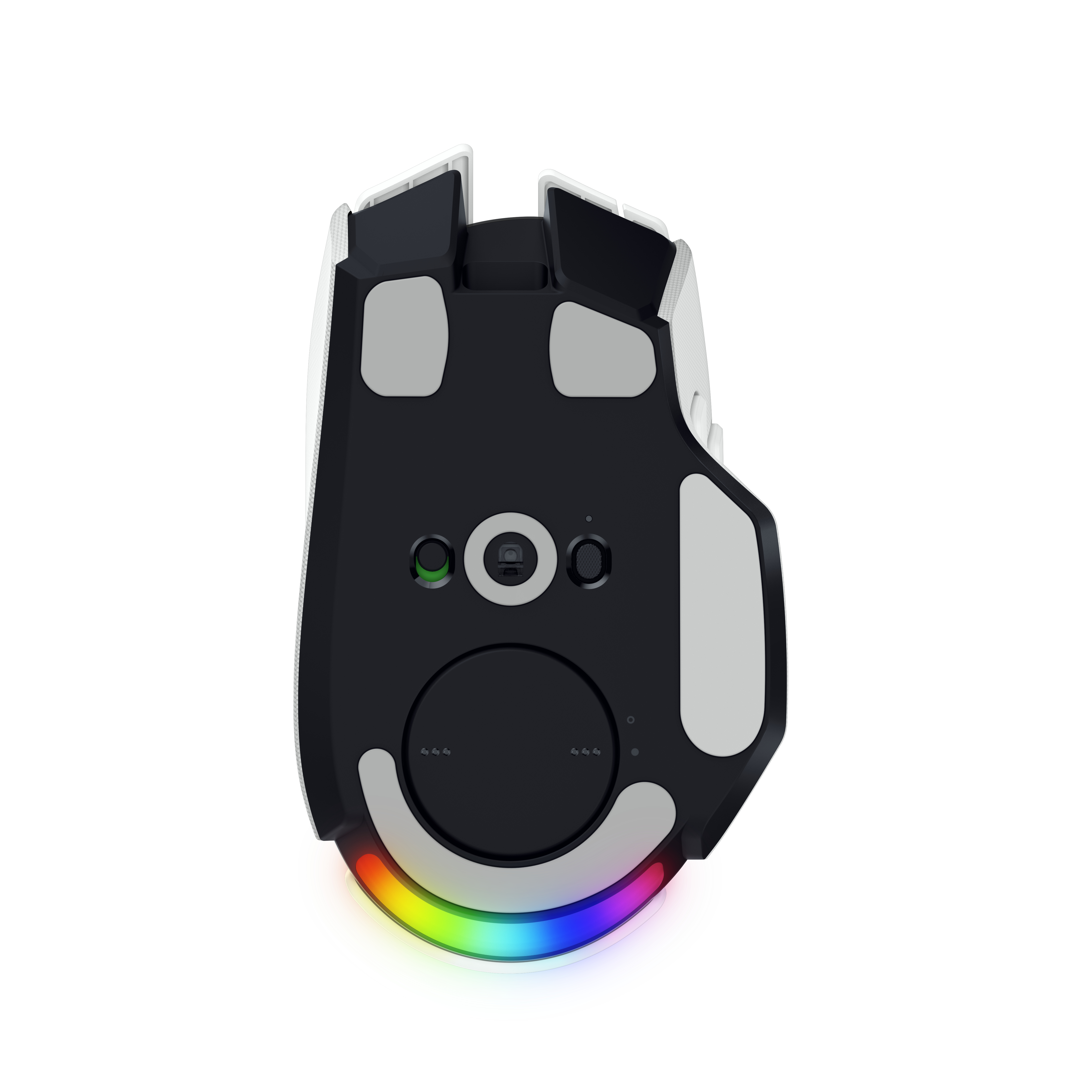Unterseite einer schwarz-weißen Gaming-Maus mit Sensoren und RGB-Beleuchtung am Rand.