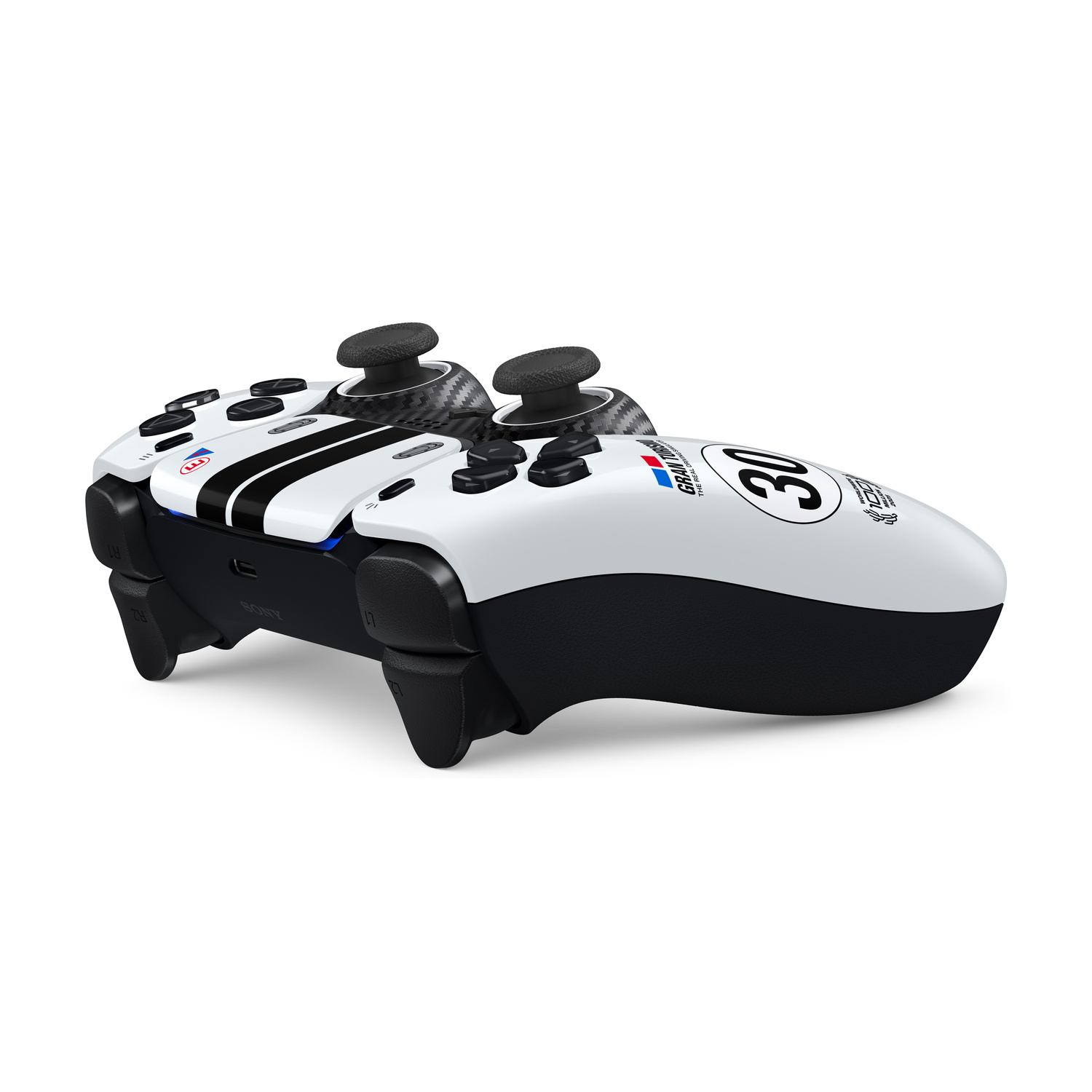 Un controller PlayStation 5 bianco e nero con strisce da corsa e il numero 30 a destra.
