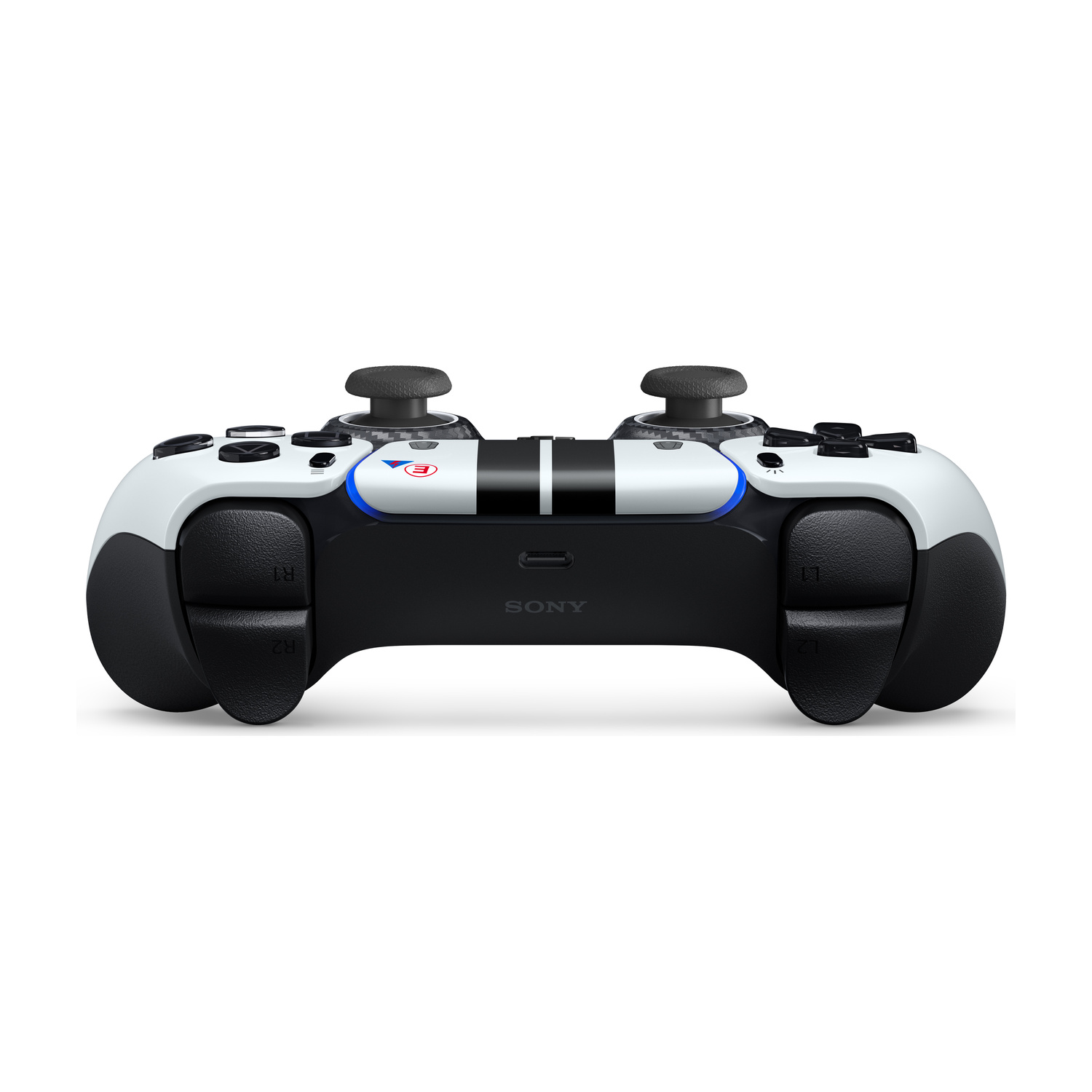 Un controller per PlayStation bianco e nero in stile racing con due joystick analogici, simboli e logo Sony.