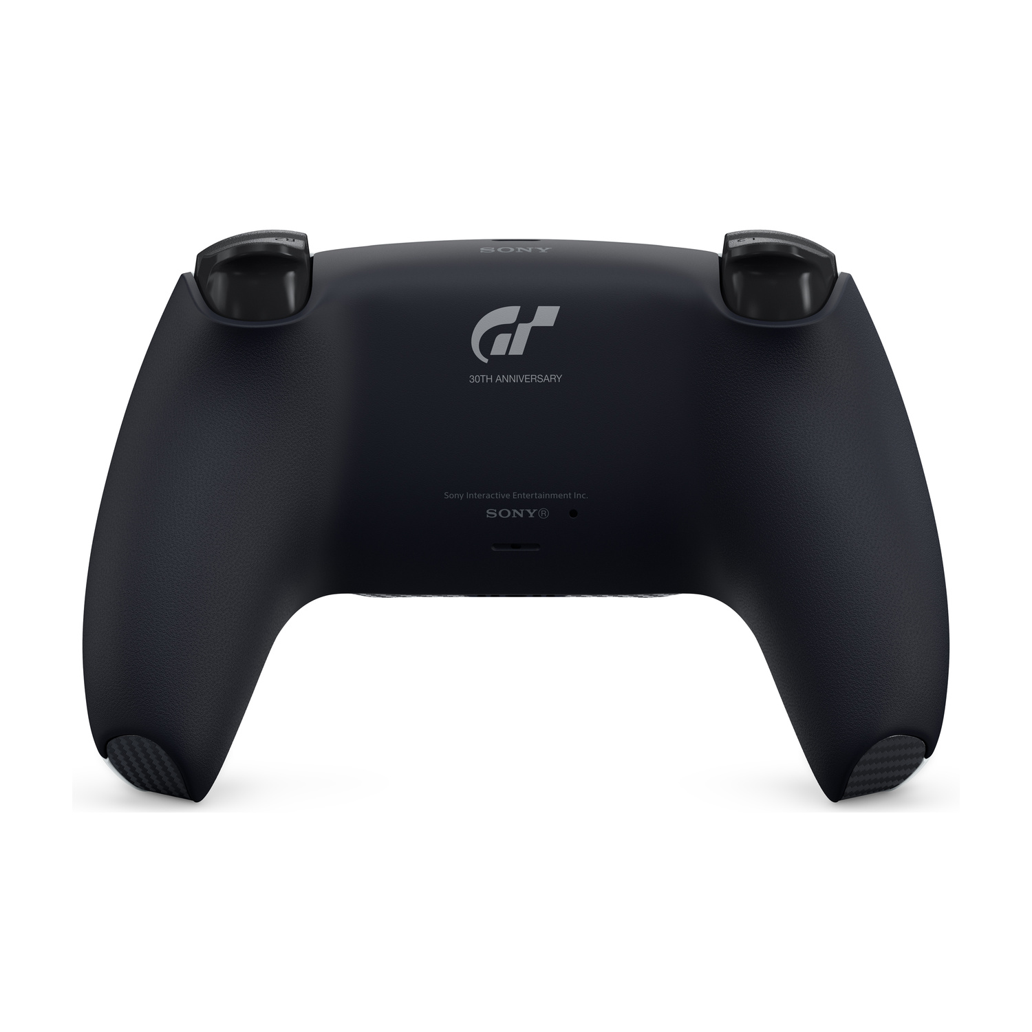 Vista posteriore di un controller PlayStation 5 nero con il logo del 30° anniversario di Gran Turismo.
