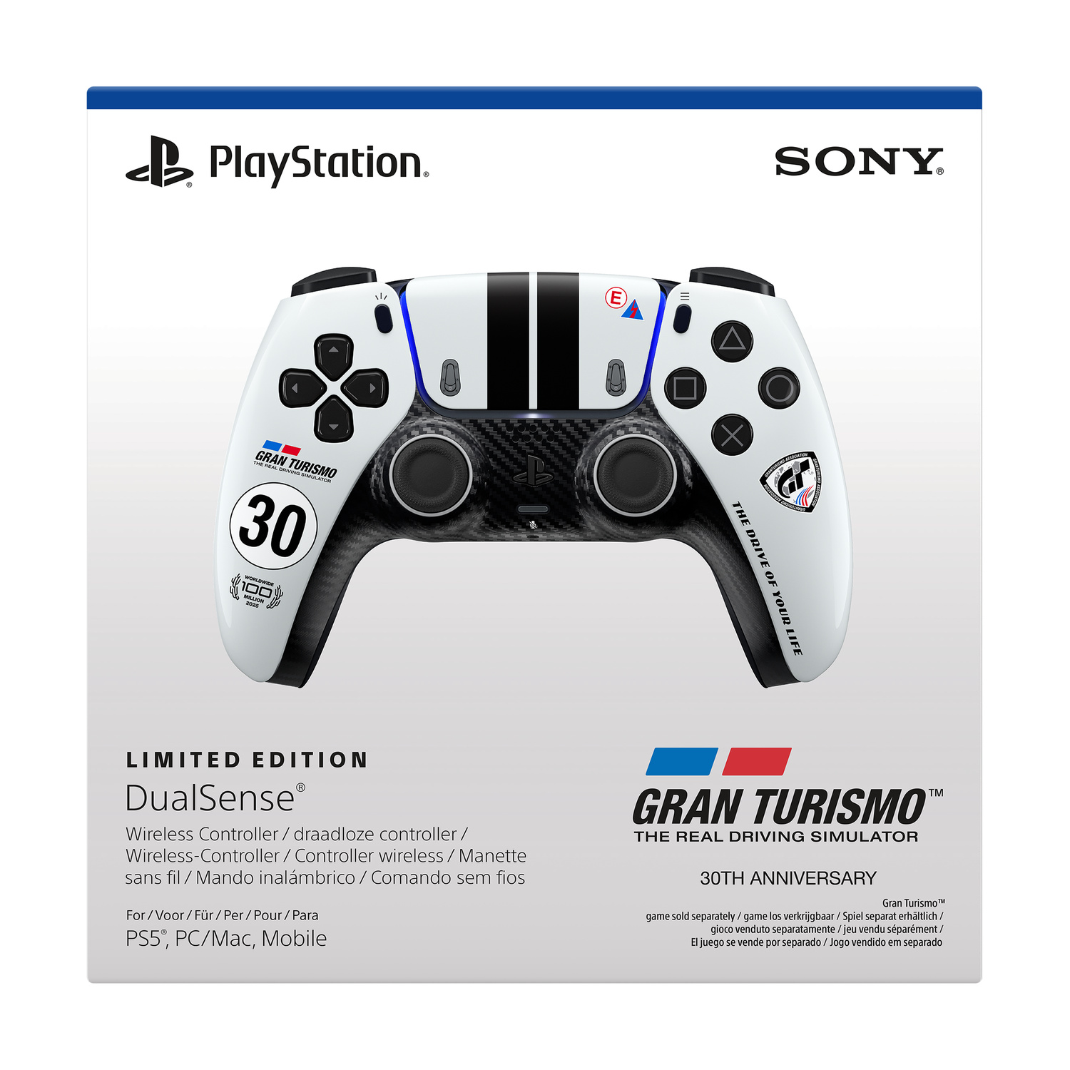 Controller wireless PlayStation DualSense edizione 30° Anniversario Gran Turismo con design bianco e carbonio.