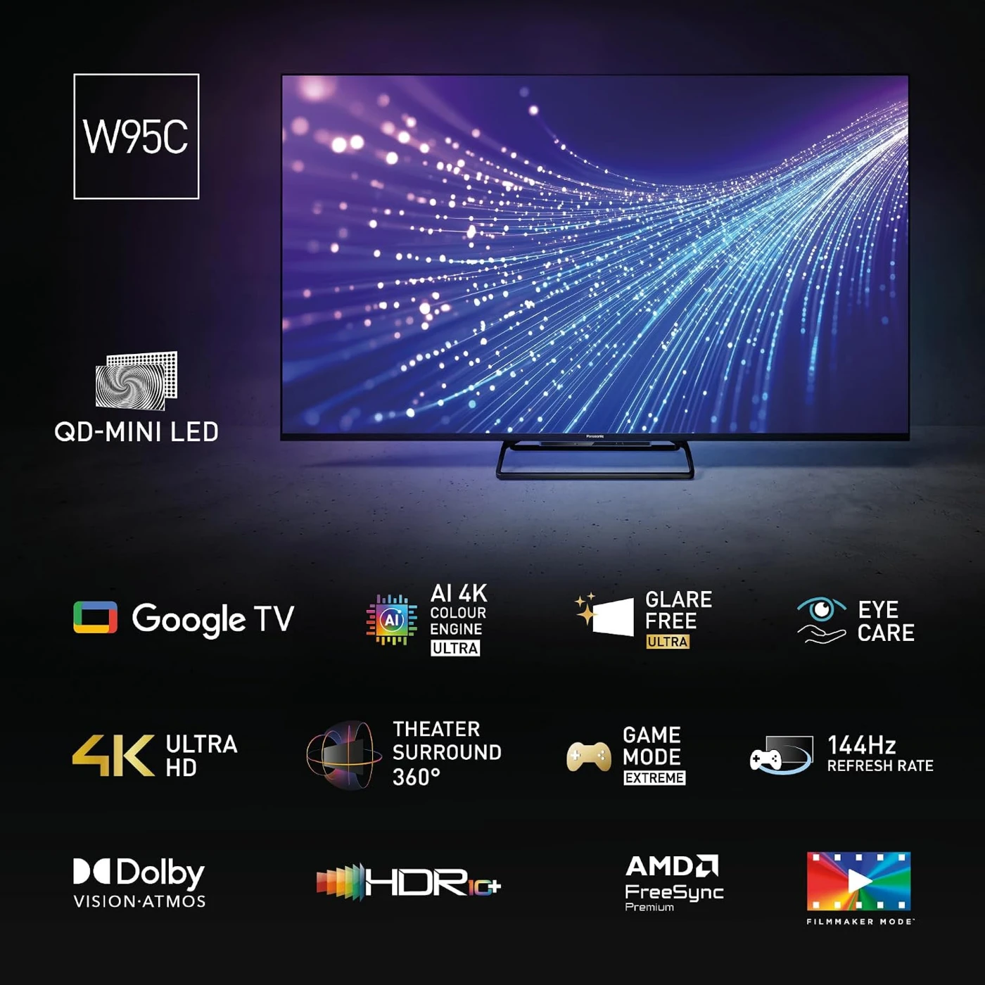 W95C QD-Mini LED TV Google TV-vel, 4K UHD-val, AI-motorral, Dolby Visionnel, HDR10+-ral, FreeSync-kel, 144Hz-rel és játékmóddal.