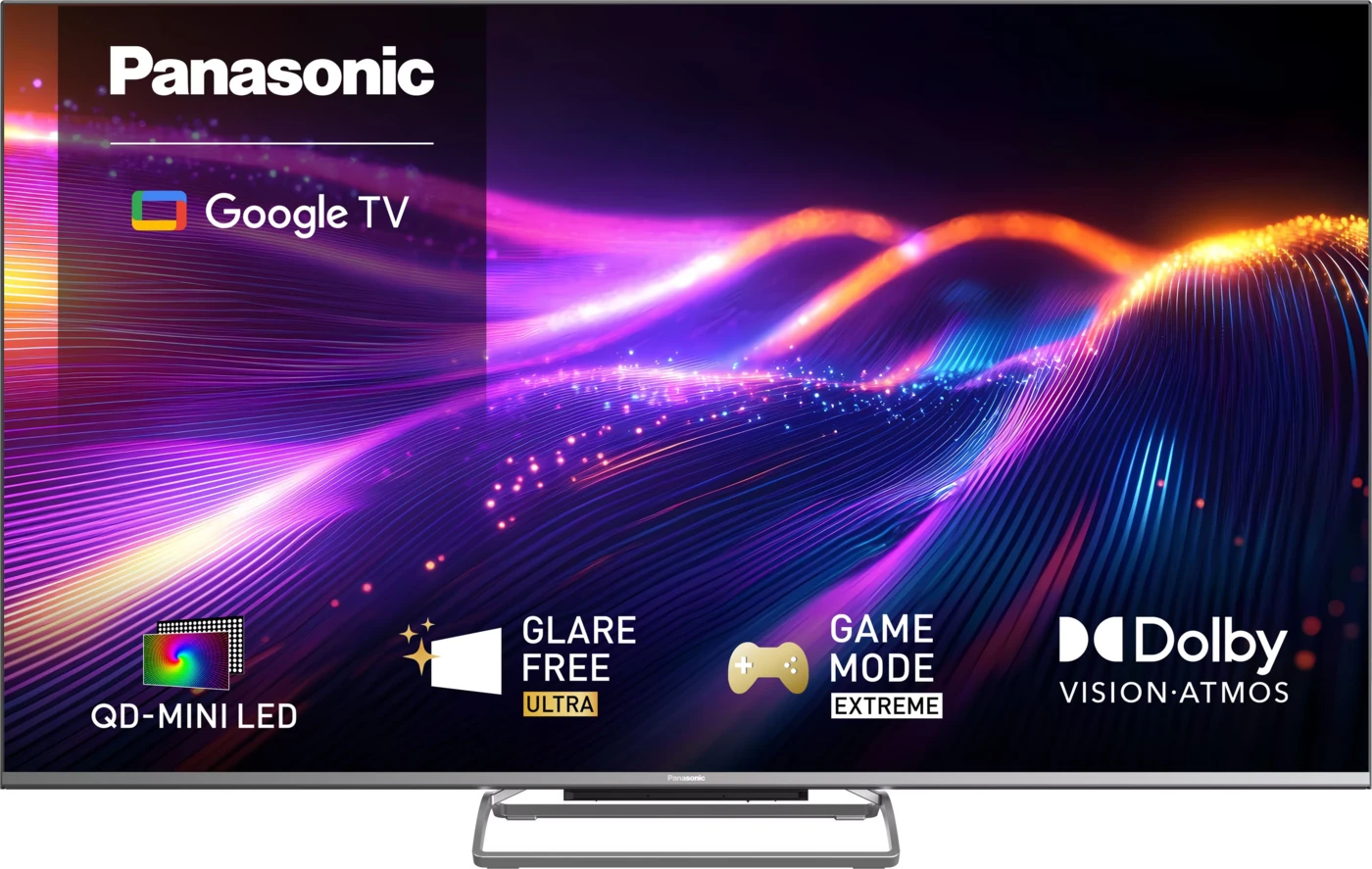 Panasonic Google TV színes fénnyel, QD-Mini LED, Glare Free, Game Mode Extreme és Dolby logókkal.