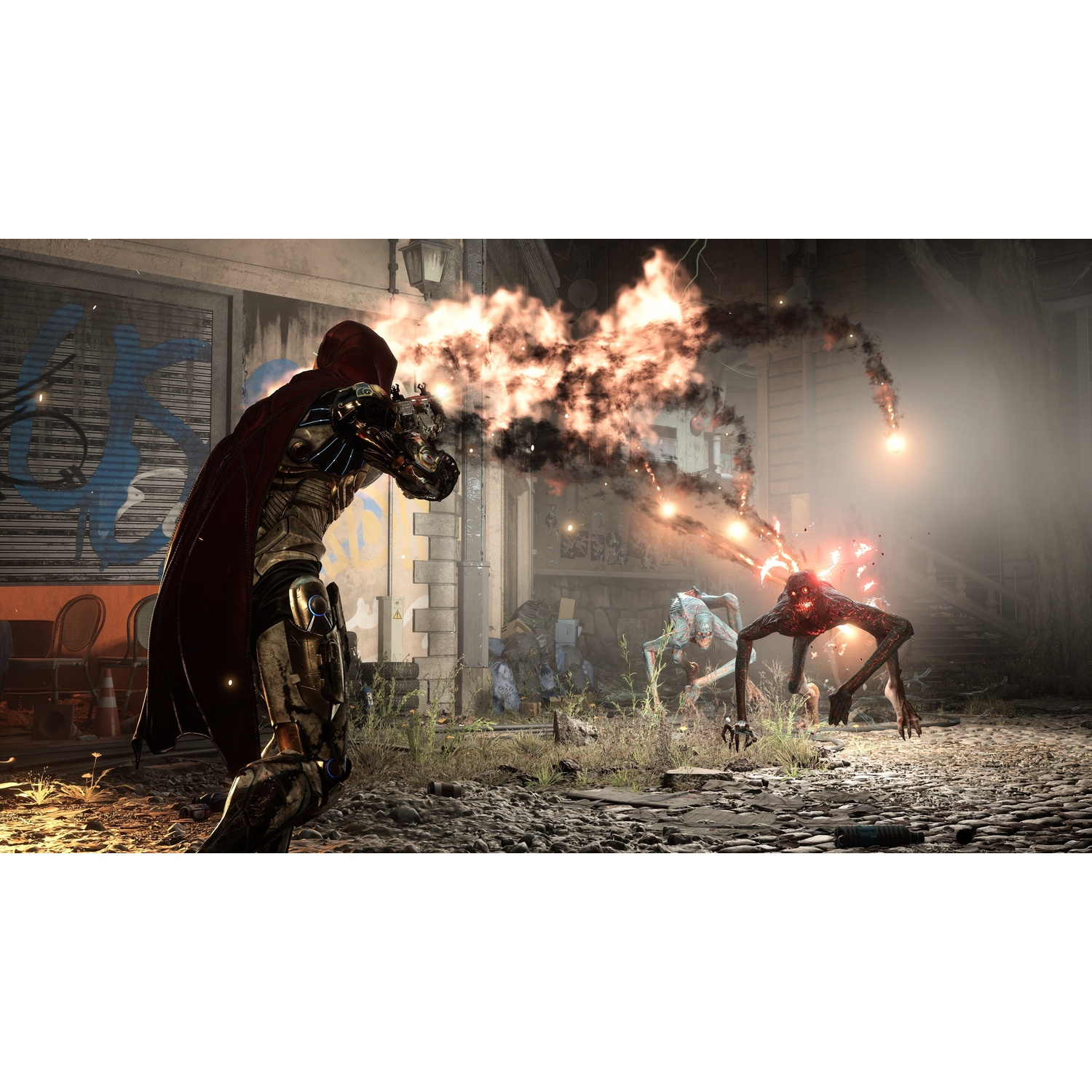A warrior in armored suit with red cape fights burning monsters in a ruined street.