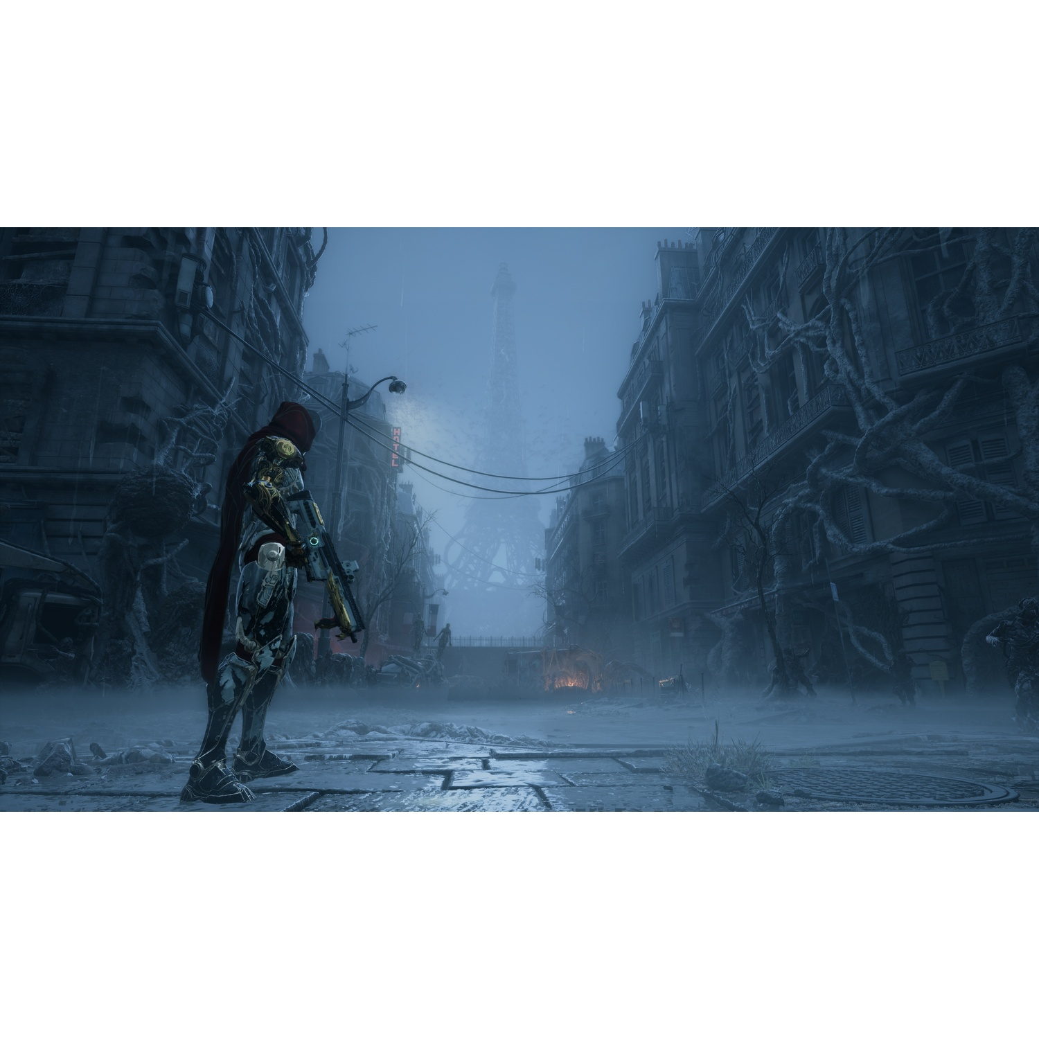 An armored warrior with a red cloak stands on a foggy Paris street with the Eiffel Tower in the background.
