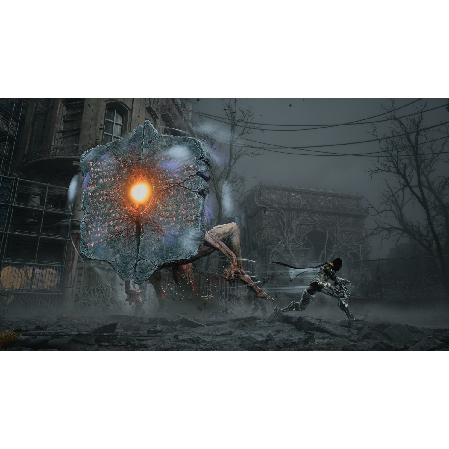 A warrior confronts a large, multi-eyed stone creature amid ruined city buildings.