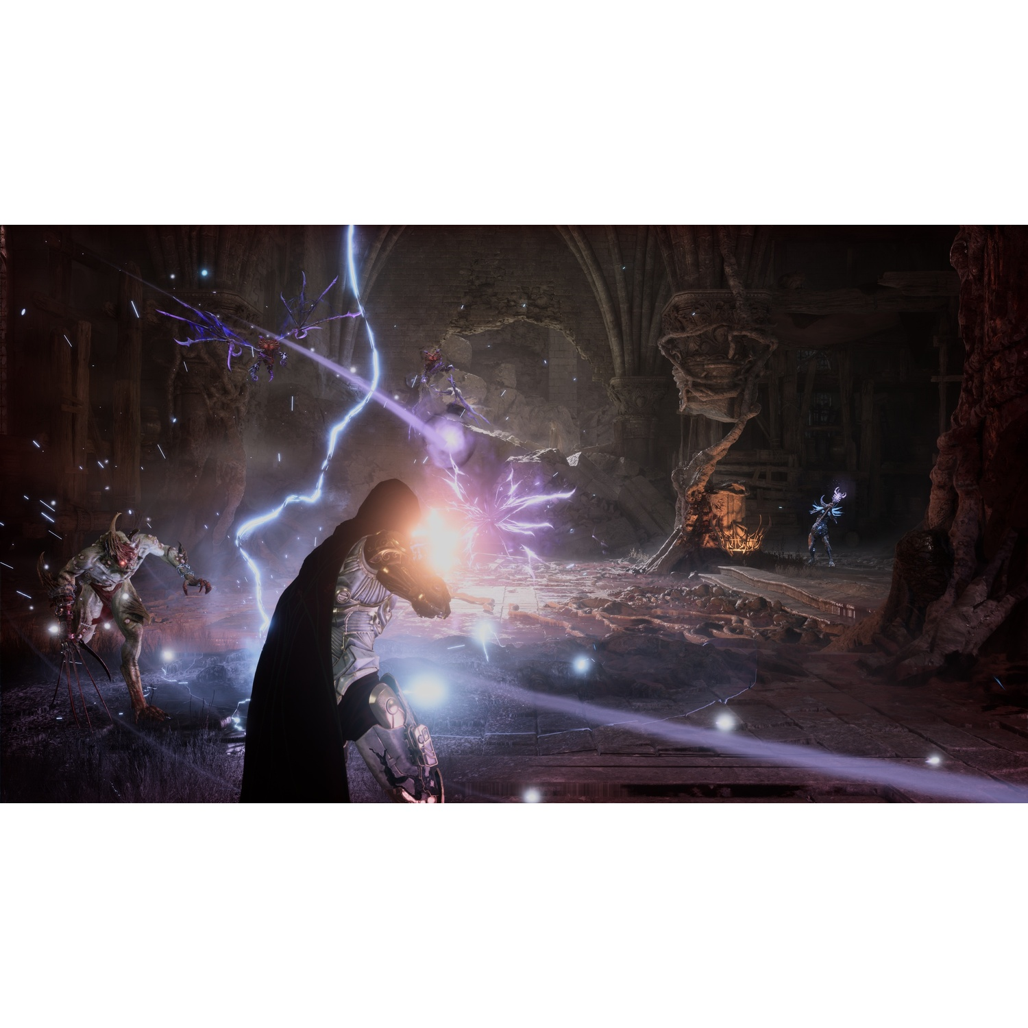 An armored character battles mystical creatures with magical lightning in a dark stone cavern.