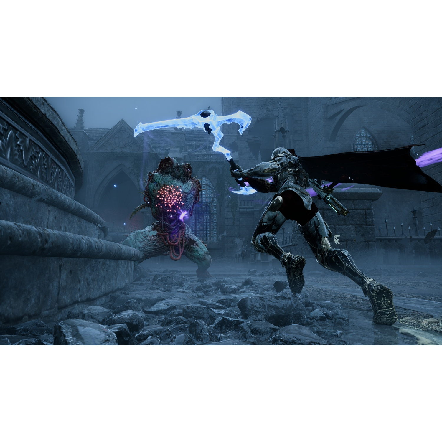 An armored warrior wielding a blue energy weapon fights a large monster in front of an ancient cathedral.