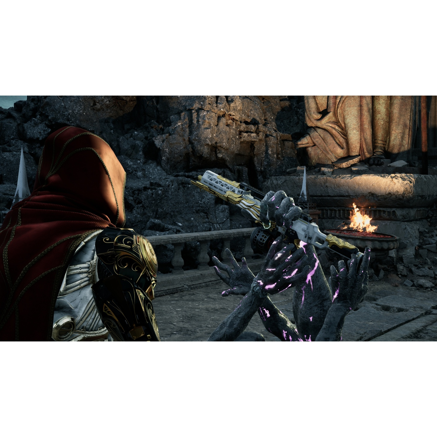 A hooded figure holds a weapon while stone hands with purple glow emerge.