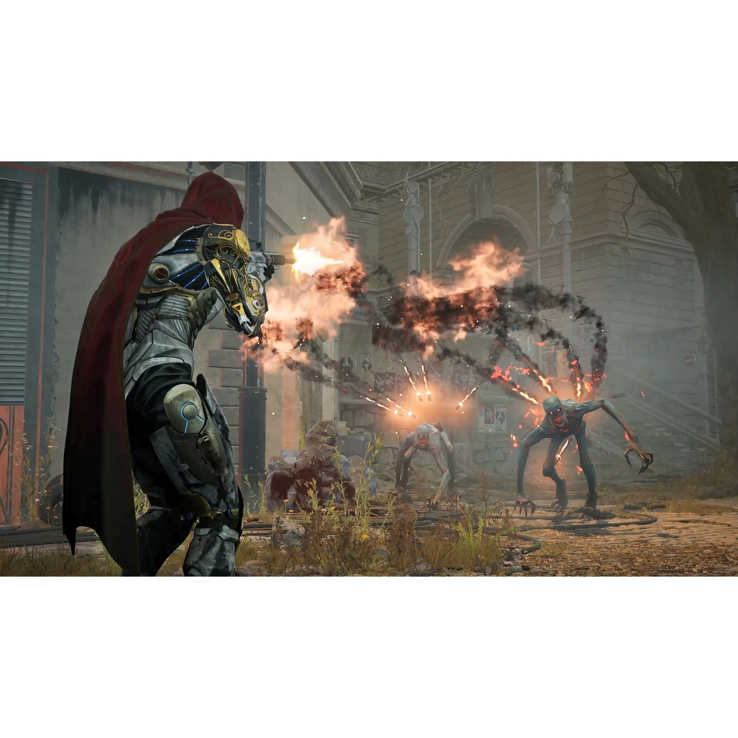 An armored warrior in a red cape shoots at burning zombies in a ruined city street.