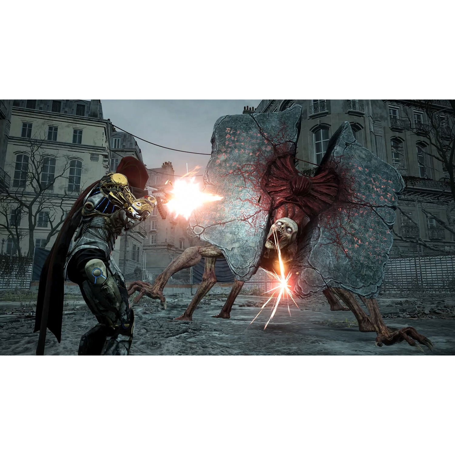 An armored warrior battles a terrifying monster with a stone and flesh shield in a ruined city setting.