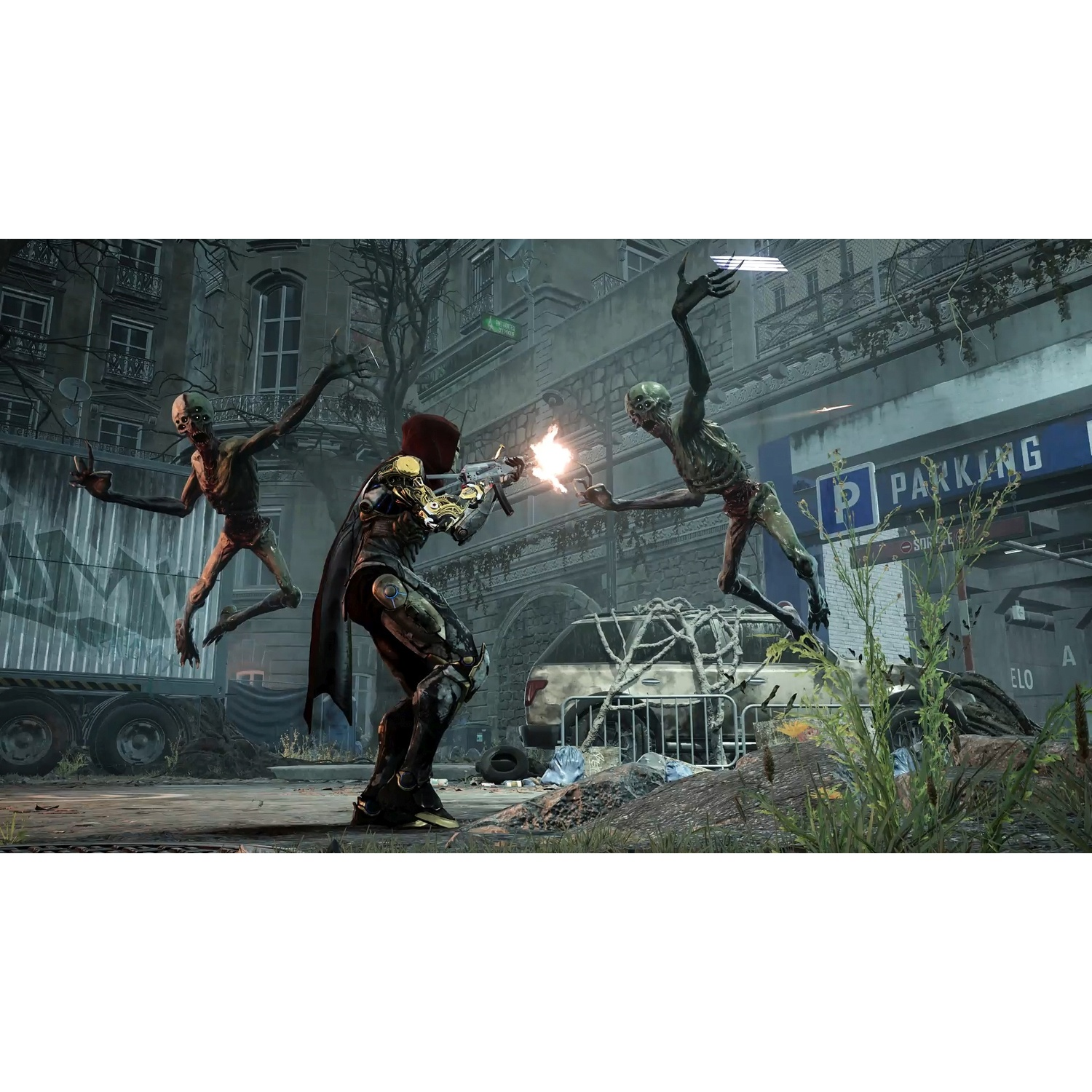 A cyborg fights two mutant creatures in a ruined city.