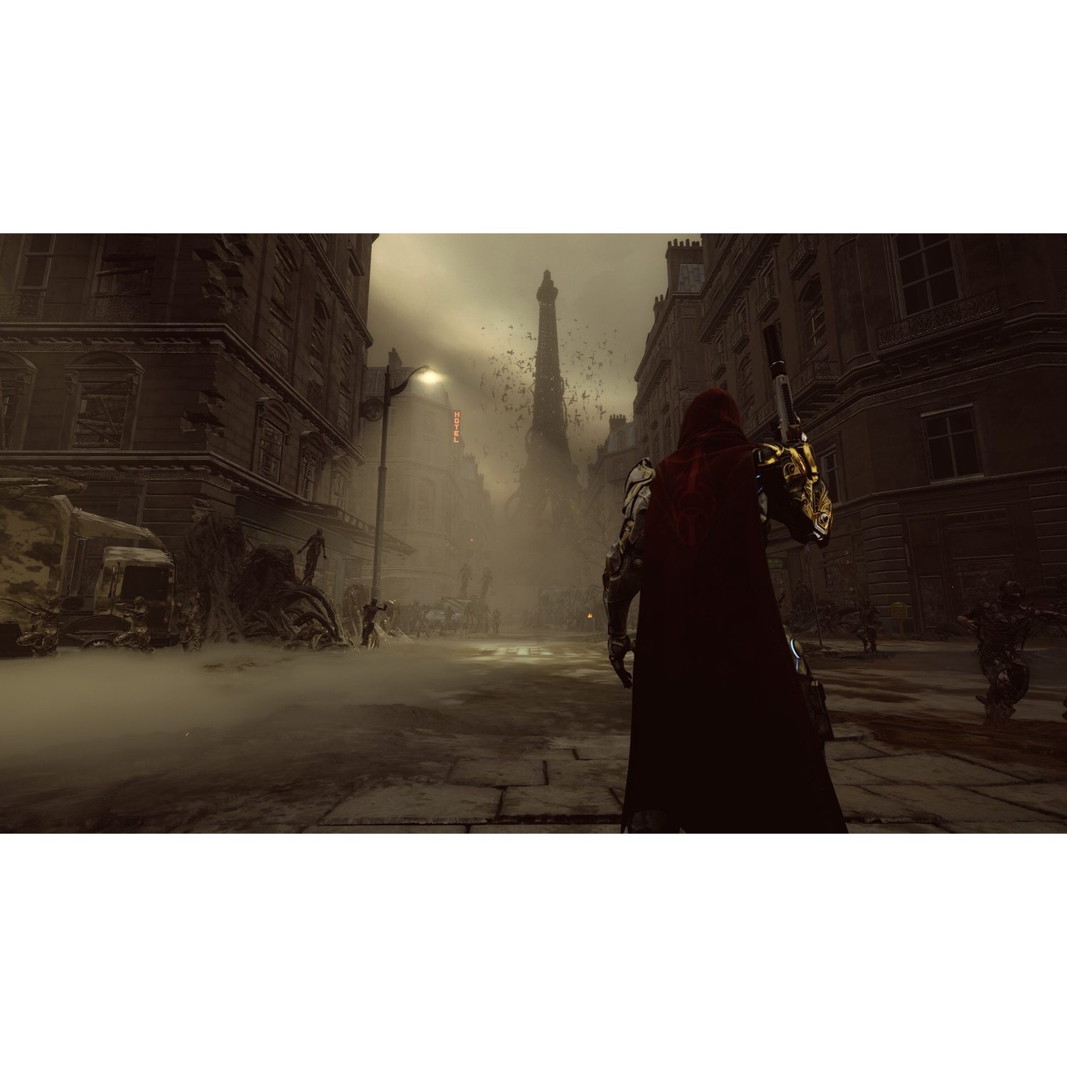 A masked warrior in a dark cloak stands in a foggy, ruined city with the Eiffel Tower in the background.