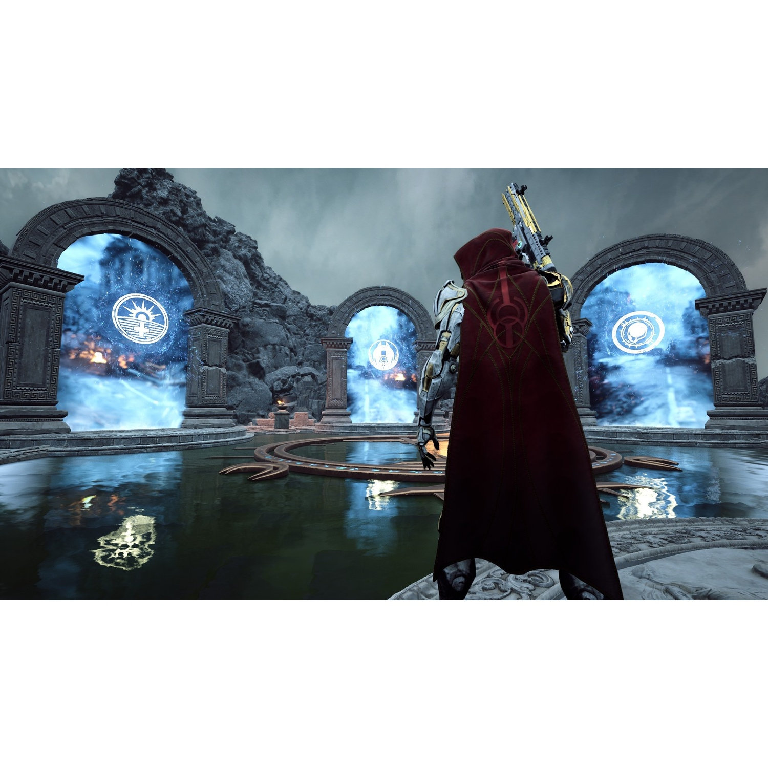 A hooded warrior in a red cape stands before three glowing blue portals with symbols inside a stone ruin.