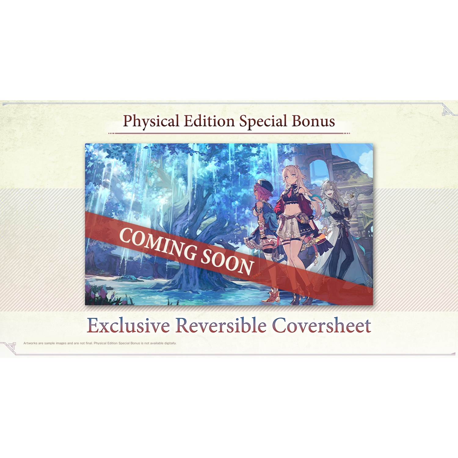 Fysieke editie bonus met drie anime-personages voor een blauwe boom.