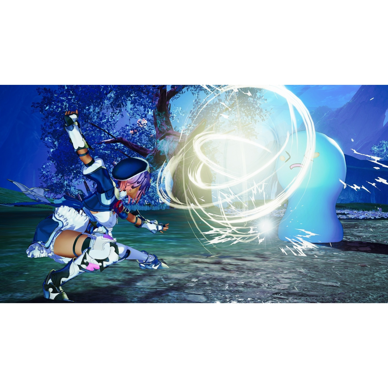 Een rozeharige anime-krijger in blauw harnas creëert een wervelwindaanval tegen een blauw monster.