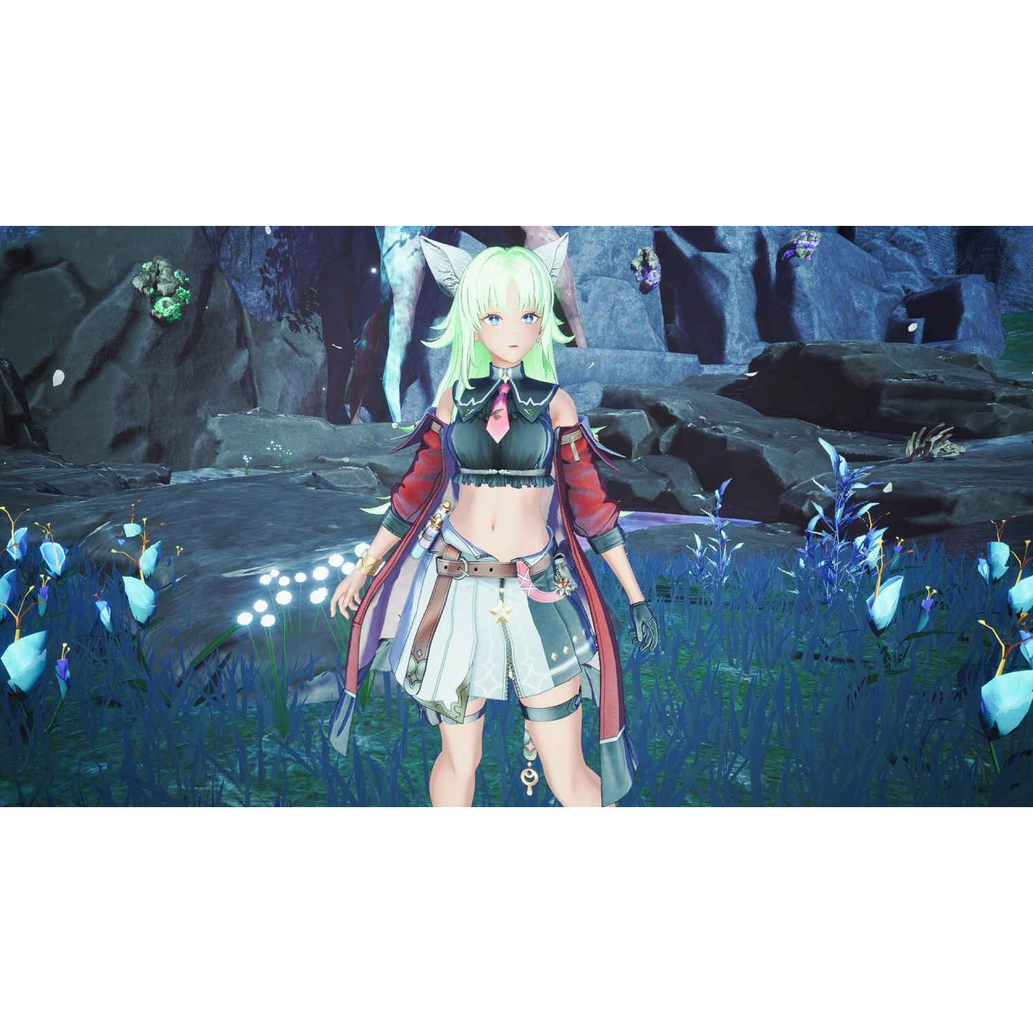 Anime-personage met lichtgroen haar en rode accenten in een blauw verlicht rotsachtig landschap.