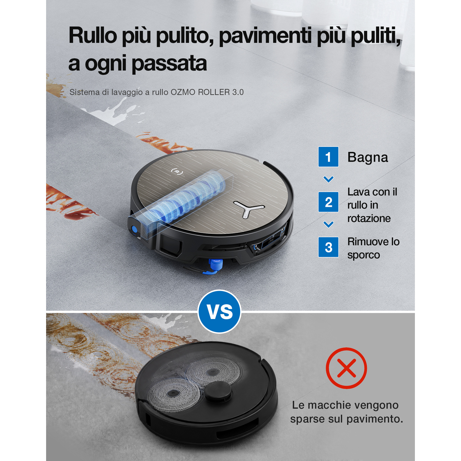Confronto tra due robot aspirapolvere: uno pulisce con rullo, l'altro sparge lo sporco.