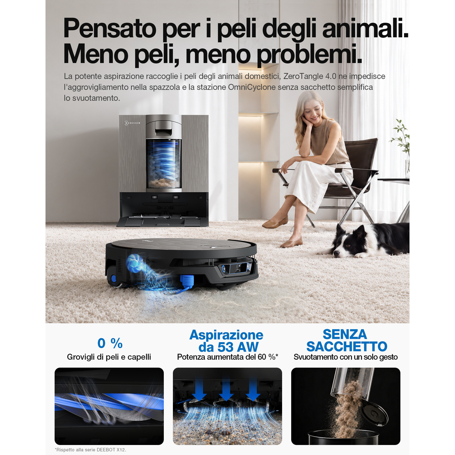 Una donna con un cane in salotto mentre un robot aspirapolvere e una stazione puliscono i peli.