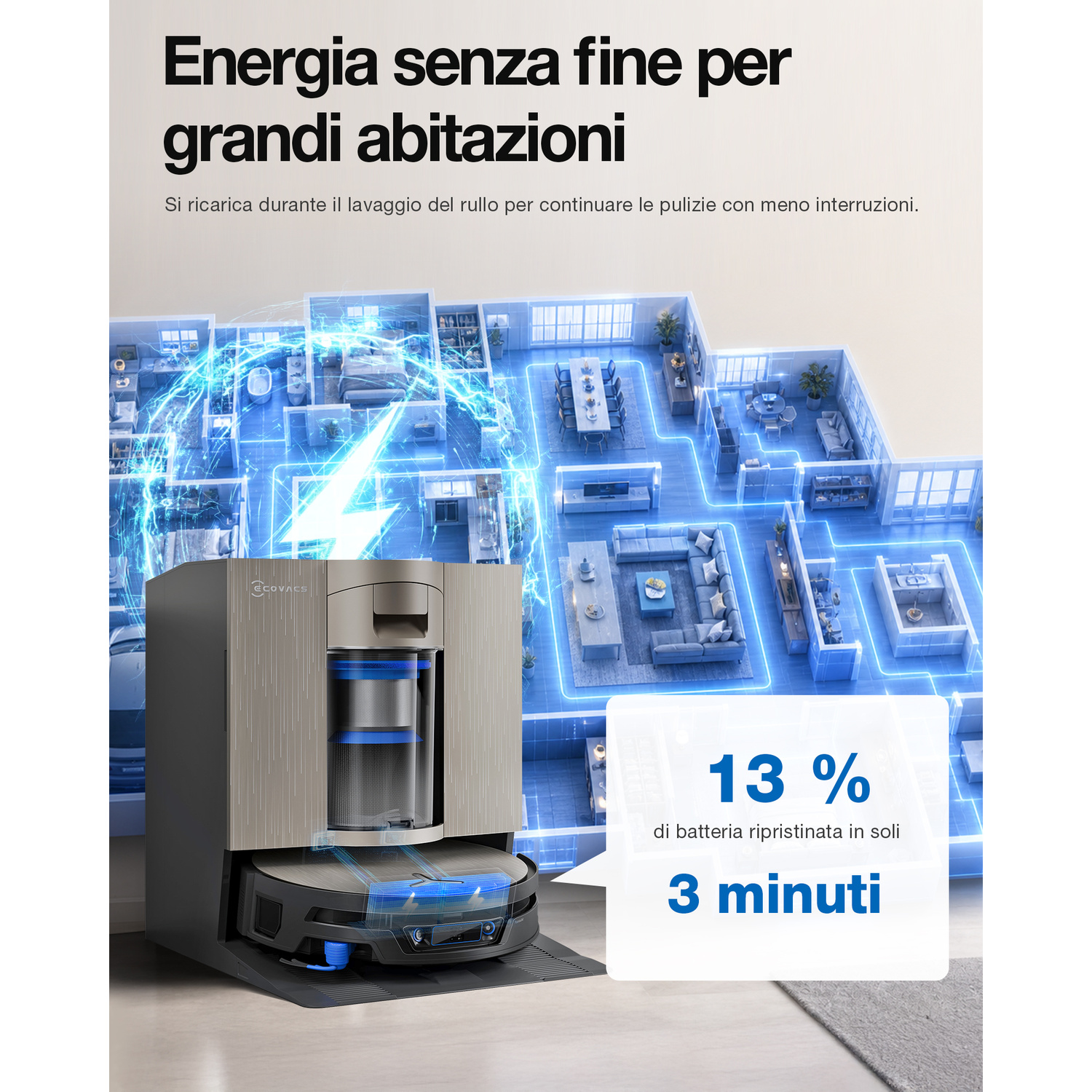 Robot aspirapolvere in carica con piantina blu e testo.