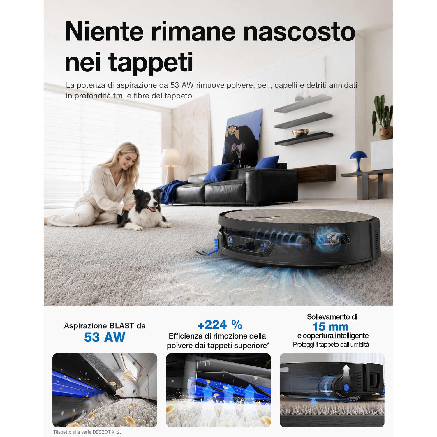 Un robot aspirapolvere pulisce un tappeto in un luminoso soggiorno dove una donna siede con il suo cane.