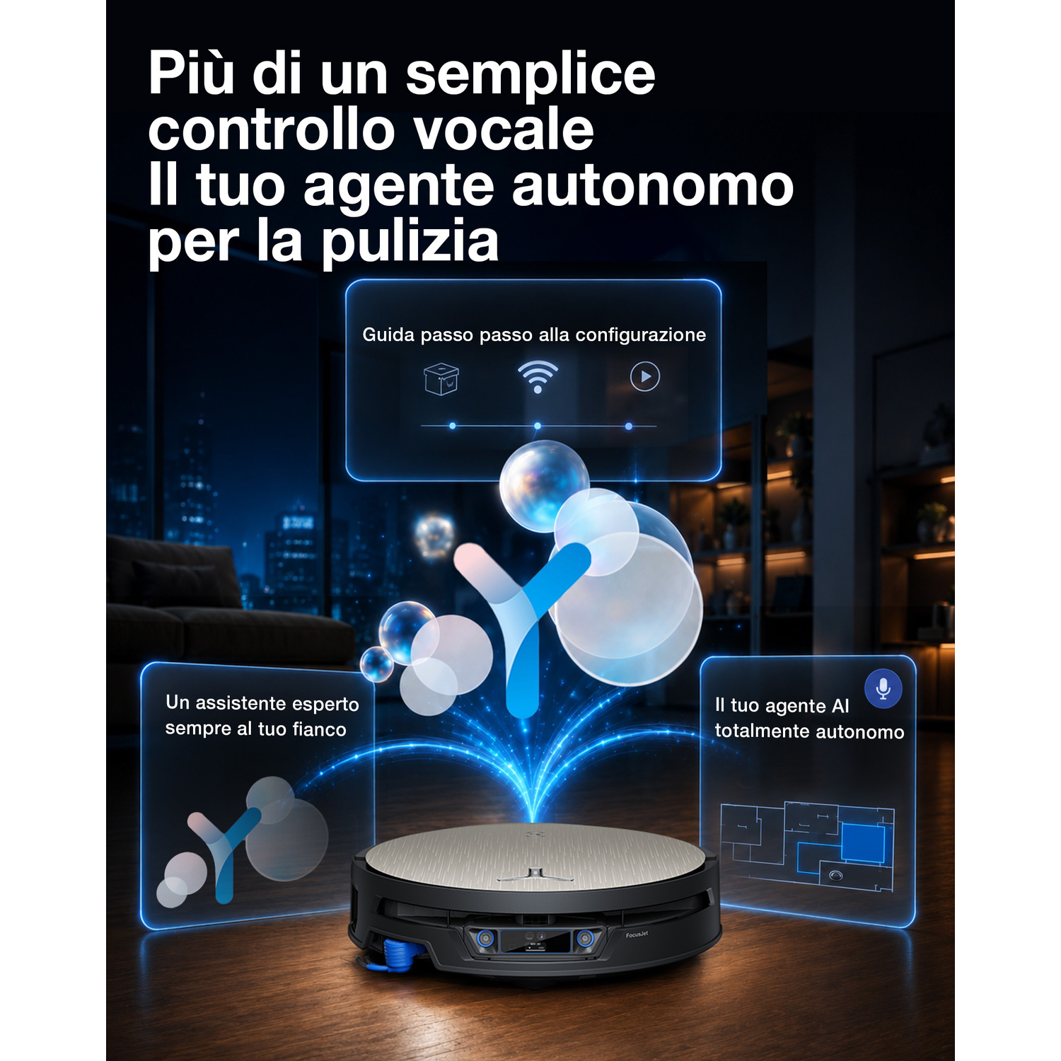 Immagine promozionale di un robot aspirapolvere autonomo con icone olografiche e testo in italiano.