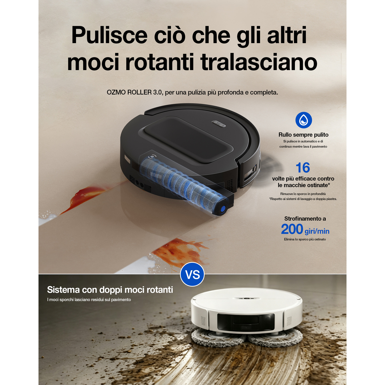 Pubblicità che confronta un aspirapolvere a rullo nero con un robot aspirapolvere bianco a doppio panno.